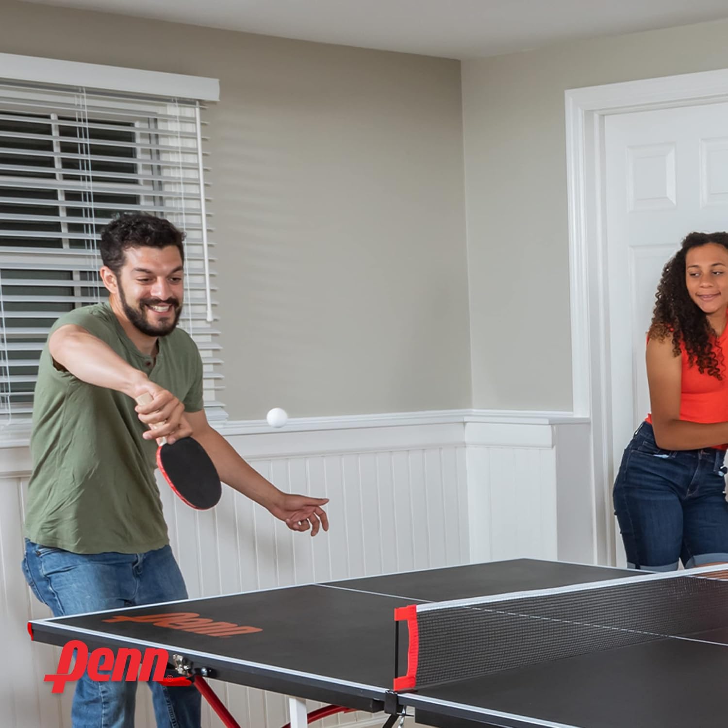 Penn Full-Size Ping Pong Table - Engineered Wood, Black/White/Red - Foldable Design for Portable Ping Pong Play - 15mm Laminated Surface for Precision Play - Table Tennis Set 40mm Balls & Paddles