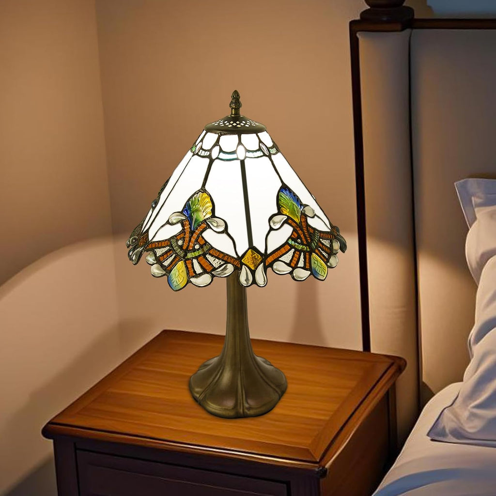 JHuiLap 12 Inch Tiffany Style Table Lamp, Baroque Stained Glass Lamp with Remote Control, Stepless Dimmable &3 Color Temperatures, Desk Lamps for Bedroom Farmhouse Bedside Nightstand Bedside (White)