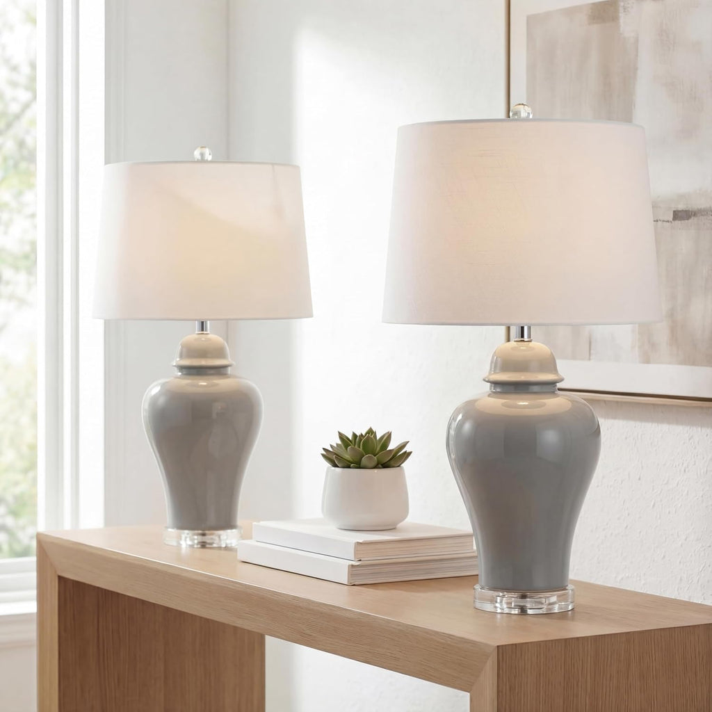 JONATHAN Y 27' Gray Ceramic Urn Table Lamp Set of 2 for Living Room, Bedside Nightstand Lamps for Bedroom, Farmhouse Decor with White Linen Shade, LED Bulbs Included JYL4020A-SET2