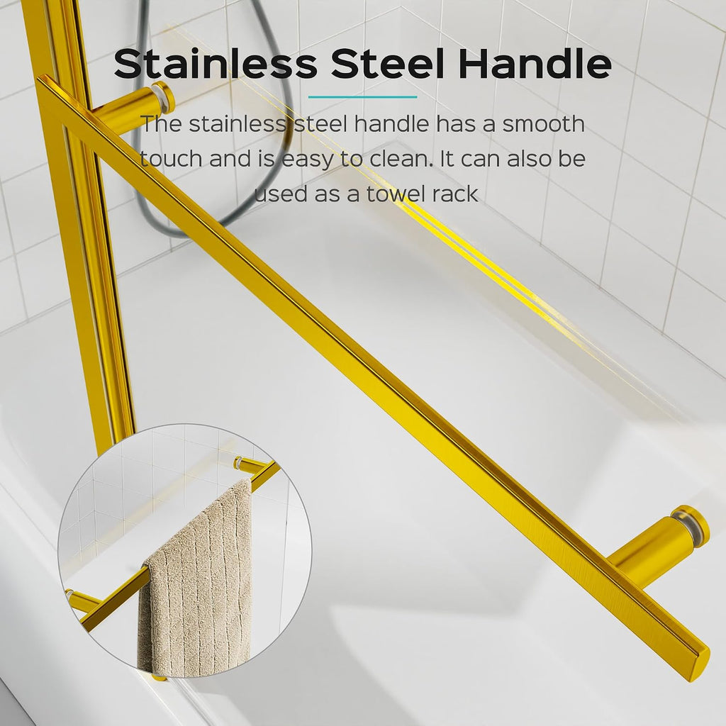 43 × 58 Inch Frameless Shower Door for Bathtub，180 Degree Hinged Pivot, Chrome Finish Bathroom Door，with 1/4' (6mm) SGCC Tempered Glass, Handle and Seal Strip for Waterproof (Gold, 43 × 58 Inch)