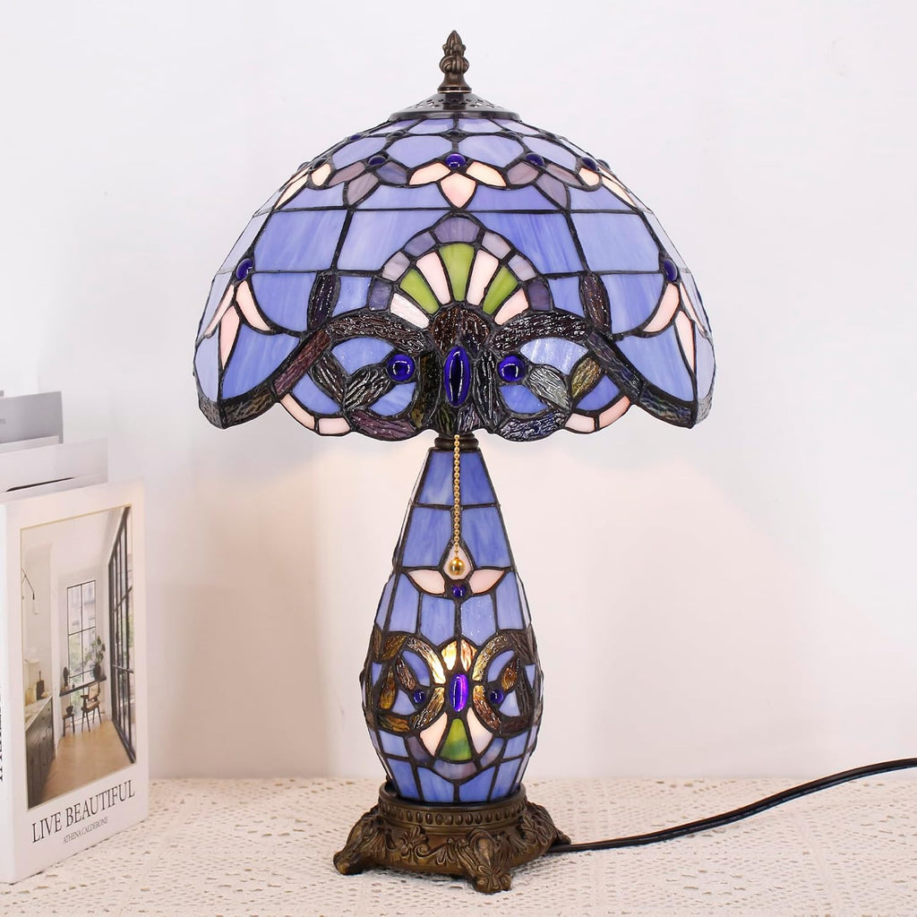 Tiffany Style Lamp Blue Baroque Stained Glass Table Lamp 12X19 Inches Mother-Daughter Vase Desk Reading Light Decor Bedroom Living Room Home Office