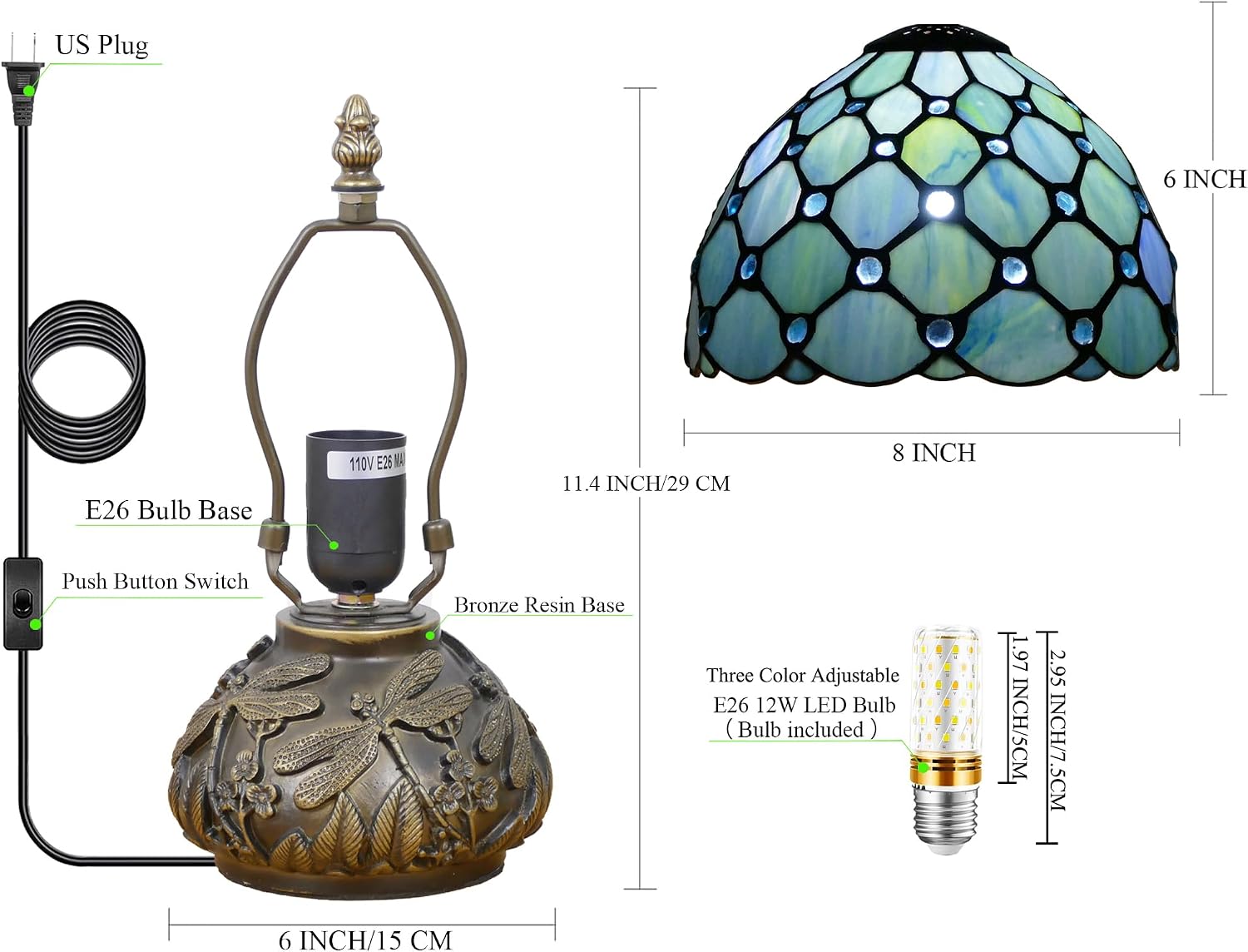 Small Tiffany Lamp Mini Stained Glass Table Lamp Sea Blue Pearl Style Mushroom Memory Sympathy Lamp 8X11 Inch