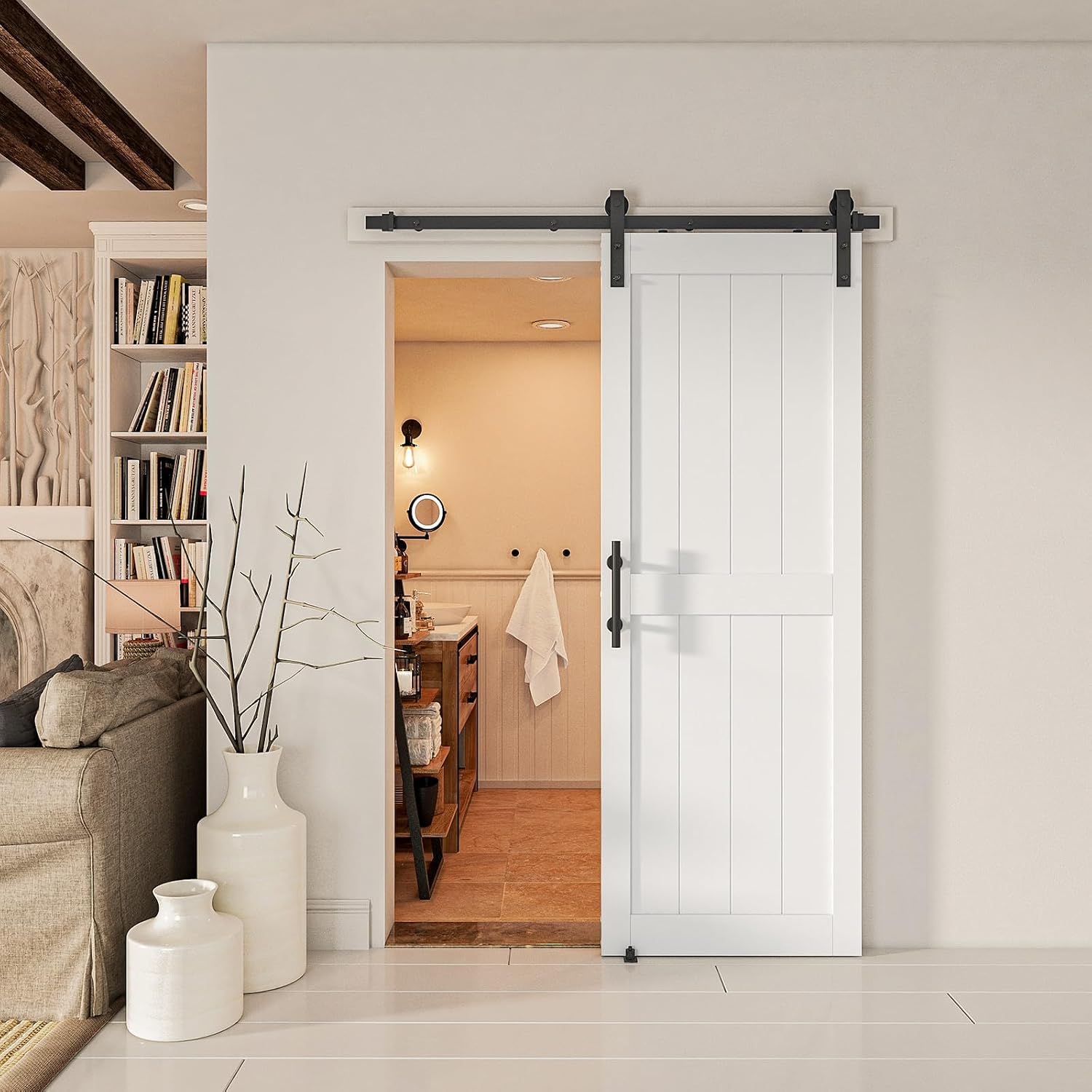 30''x 80'' Sliding Barn Door with 6.6 Ft Barn Door Hardware Kit& Handle& Floor Guides,Pre-Drilled Holes Easy Assembly - Include Installation Manual, Water-Proof PVC Surface, H-Frame, White