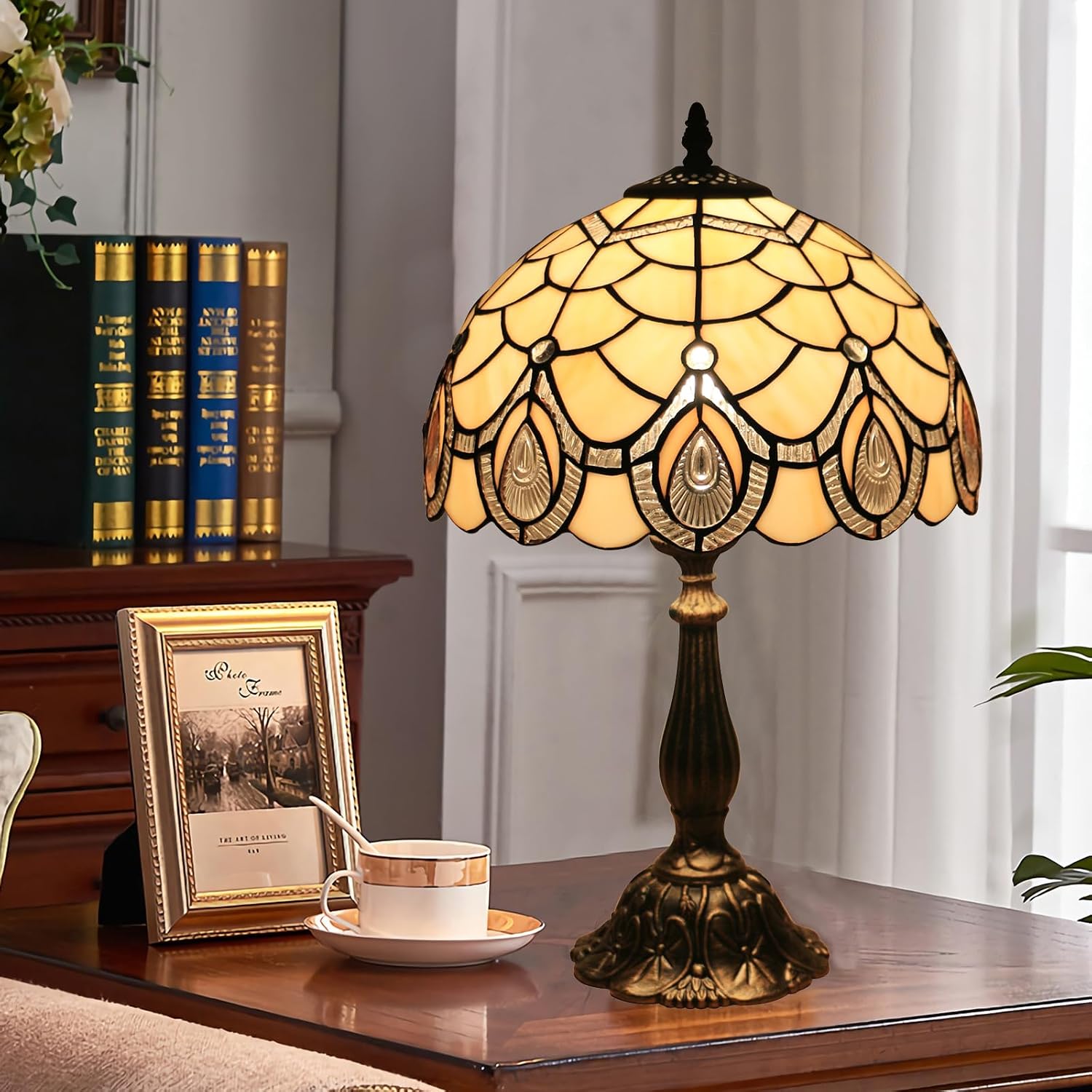 Tiffany Style End Side Table Lamps, Modern Bedside Nightstand Stained Glass with Crystal Large Farmhouse Table Lamp for Bedroom,Living Room Home Office Desk Lamp+LED Bulb,12X12X20INCH