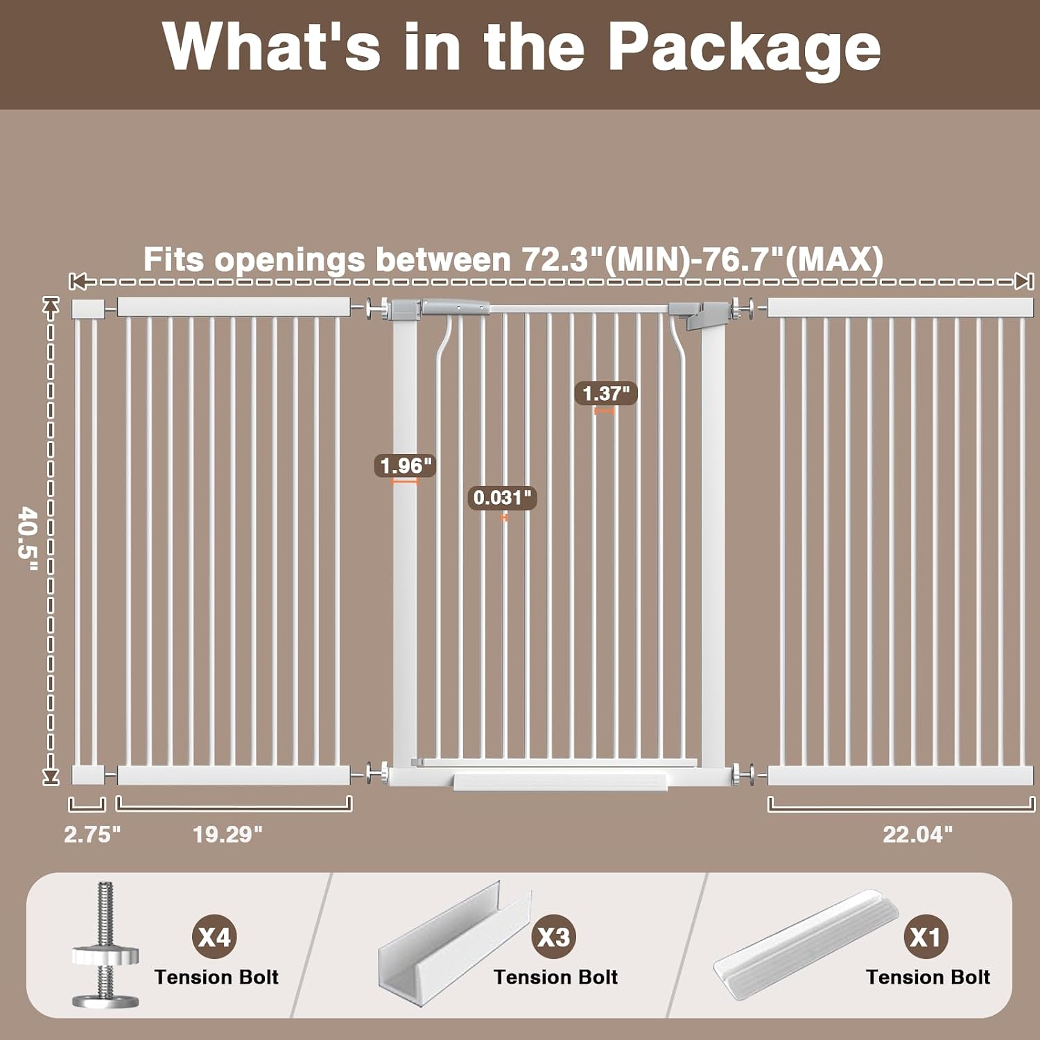 41' Extra Tall Baby Gate for Doorways and Stairs No Drill, Adjustable 72.3-76.7' Auto Close Dog Gate Indoor, Pressure Mounted Walk Through Swing Wide Pet Gate, Tall Cat Gate with Expansion Kit, White