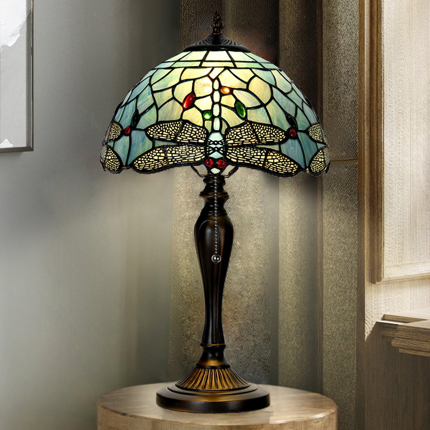 TL0023 Tiffany Style Dragonfly Table Lamp Stained Glass Blue Shade Reading Desk Light 12 X 20 Inches for Bedroom Living Room Home Office, Vintage Handcrafted Accent Décor, LED Blub Included