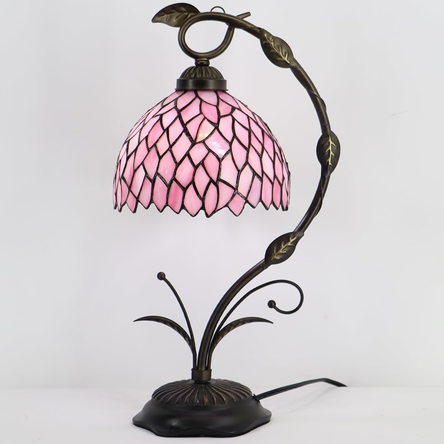 Tiffany Table Lamp, Stained Glass Desk Reading Light, 8X10X19 Inches, Metal Leaf Base (Pink Wisteria)