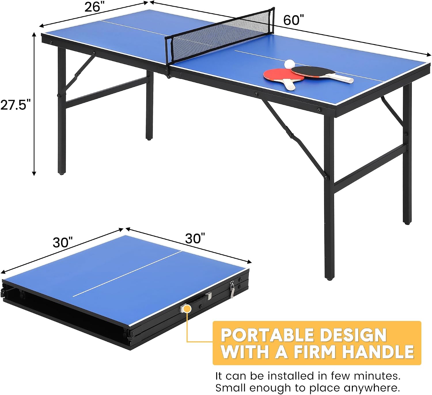 Foldable Ping Pong Table, Indoor/Outdoor Mesa De Ping Pong for Adults/Teens, Waterproof Table Tennis Table with 2 Table Tennis Paddles and 3 Balls, 5 Minute Assembly, 60 x 26 x 27.5 Inch