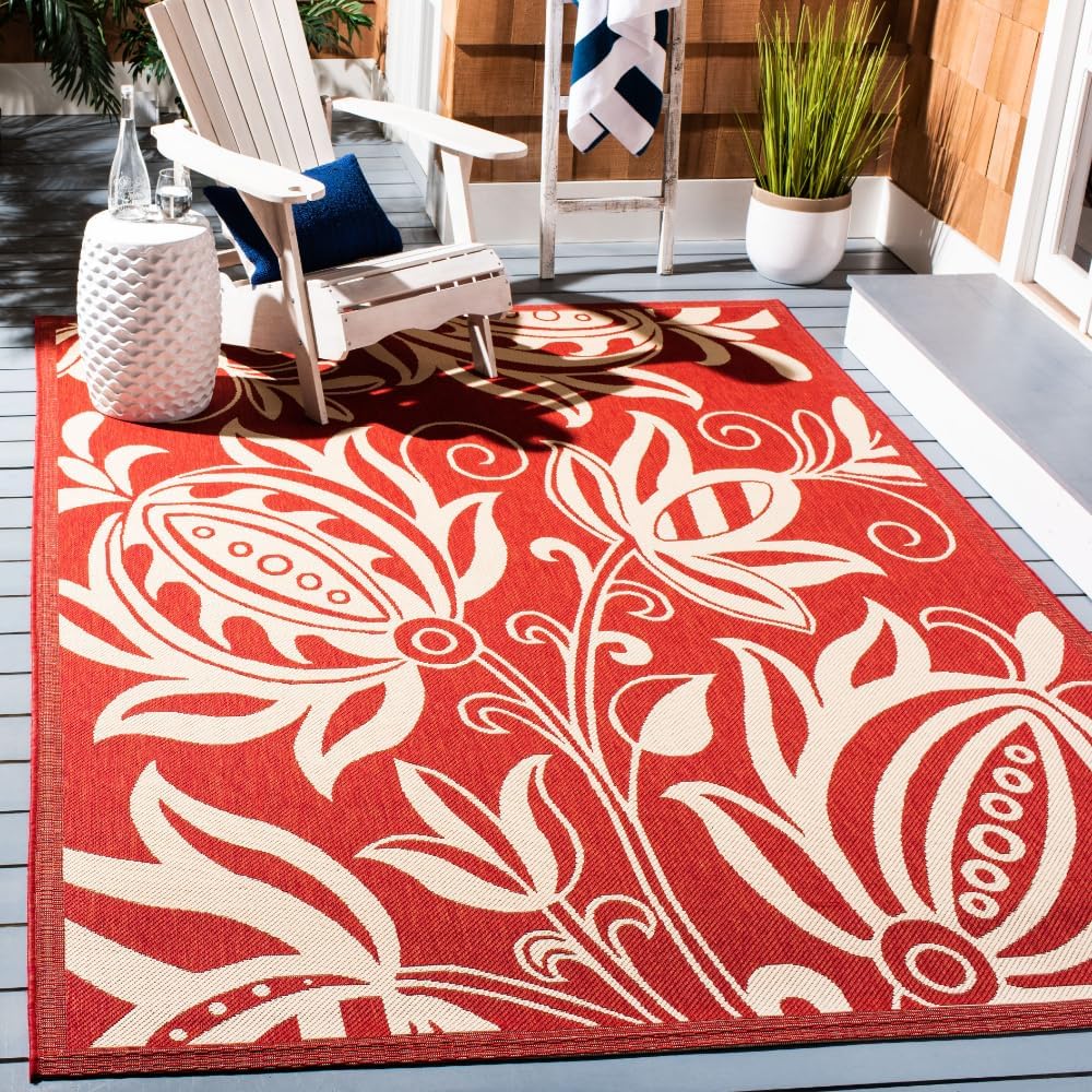 SAFAVIEH Washable Rug Outdoor Courtyard Collection - 7'10' Square, Red & Natural, Non-Shedding & Easy Cleaning, Ideal for Patio, Backyard, Mudroom (CY2961-3707)