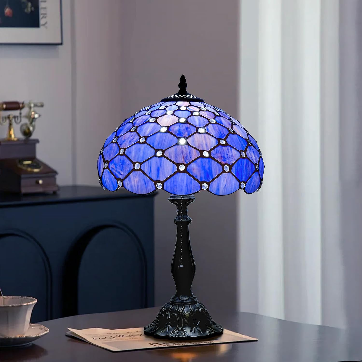 Tiffany Lamp Vintage Deep Blue Stained Glass Bead Table Lamp Desk Bedside Reading Light Decor Bedroom Living Room Home Office D12*H18 Inches