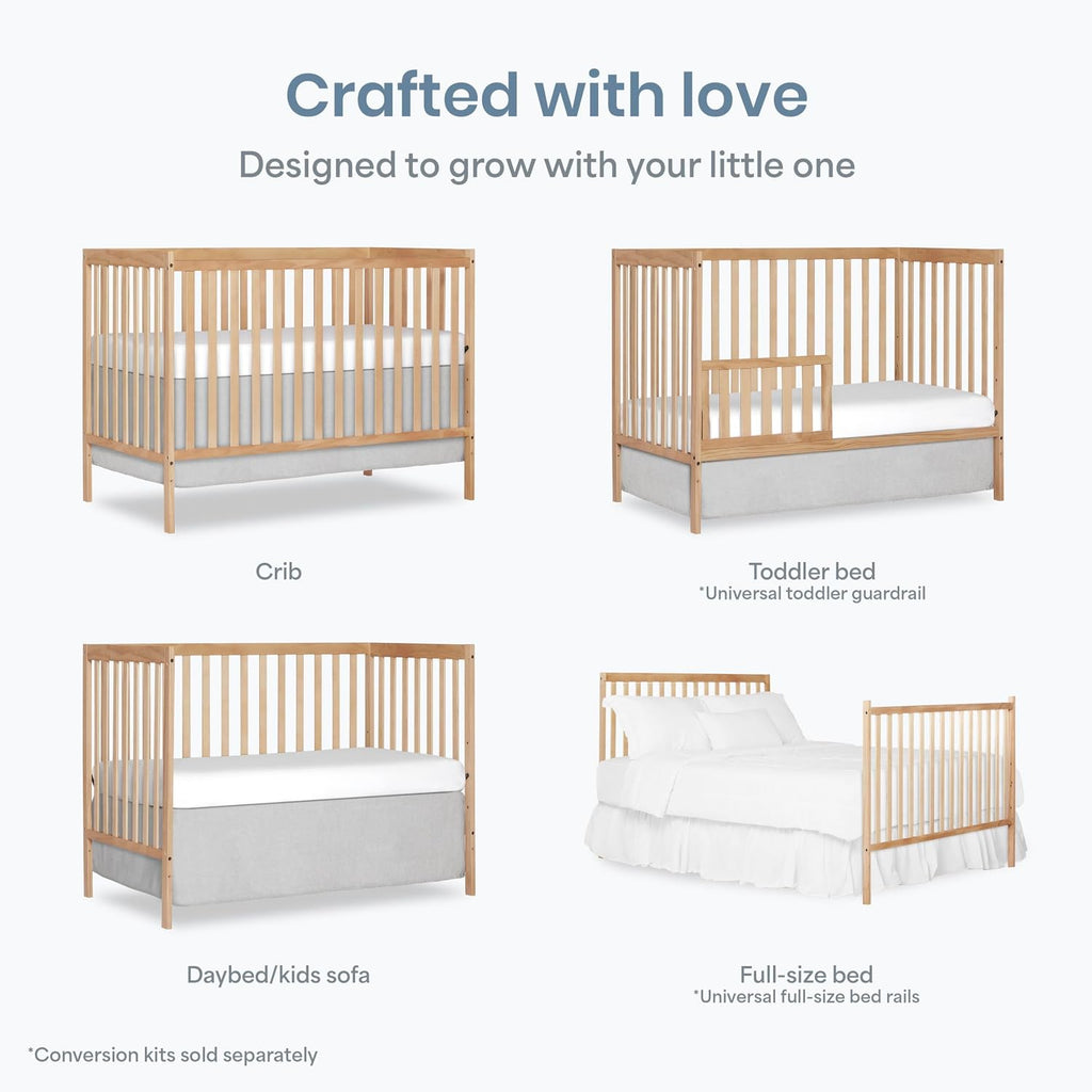 Dream On Me Synergy 5-in-1 Convertible Full-Size Baby Crib with Toddler, Day & Full Bed Conversion in Barnwood Natural, GreenGuard Gold & BSA, 3 Mattress Heights, Sustainable Pinewood