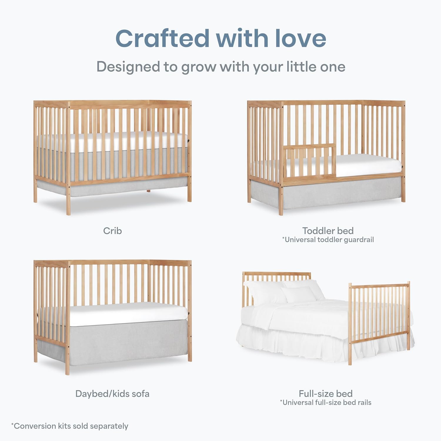 Dream On Me Synergy 5-in-1 Convertible Full-Size Baby Crib with Toddler, Day & Full Bed Conversion in Barnwood Natural, GreenGuard Gold & BSA, 3 Mattress Heights, Sustainable Pinewood