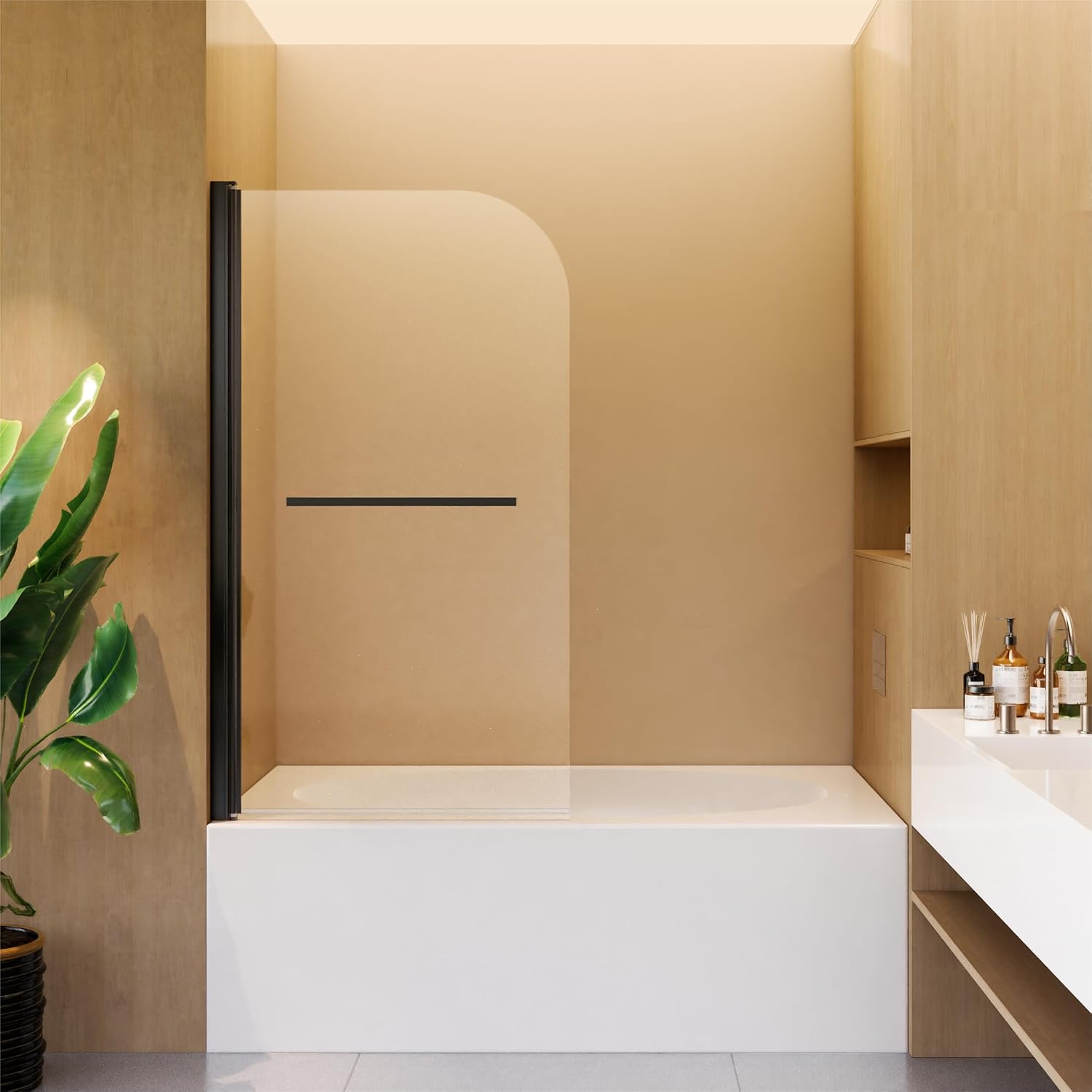 31 * 55 Inch Frameless Shower Door for Bathtub，180 Degree Hinged Pivot, Chrome Finish Bathroom Door，with 1/4' (6mm) SGCC Tempered Glass, Handle and Seal Strip for Waterproof (Black