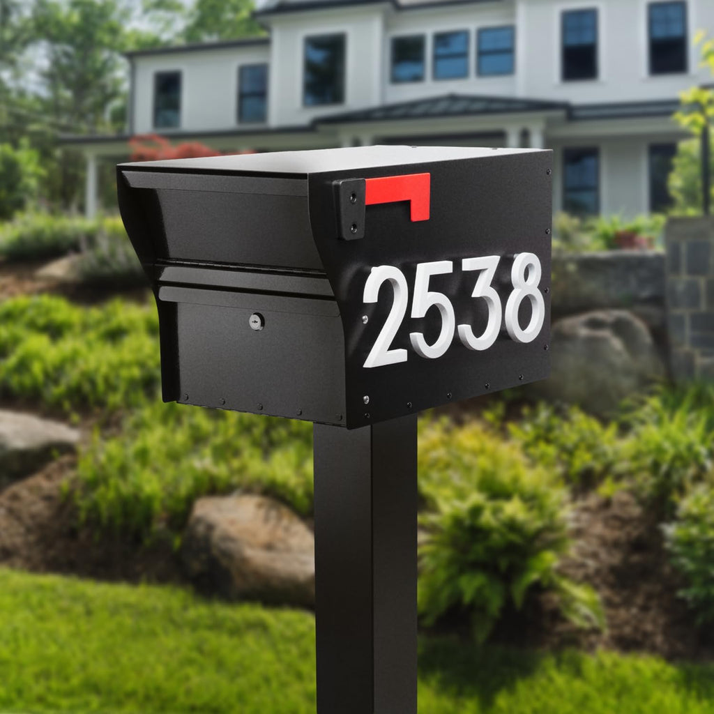 Whitehall MailVault Streetside Locking Mailbox with Standard Post and Personalizable Stand-Off Numbers – Steel, Secure Weather Resistant Modern Square Mailbox & Post (Black/White)