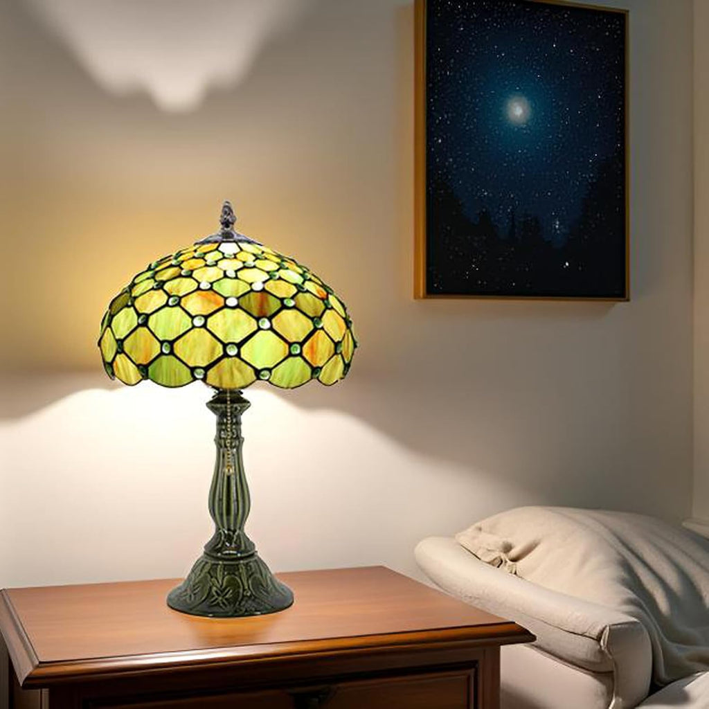 Tiffany Lamp Stained Glass Table Lamps Brownish Green Pearl Style Desk Lamp 12X12X18.5 Inch Bronze Ceramic Base Reading Light Suitable for Bedside Bedroom Living Room Dining Room Office