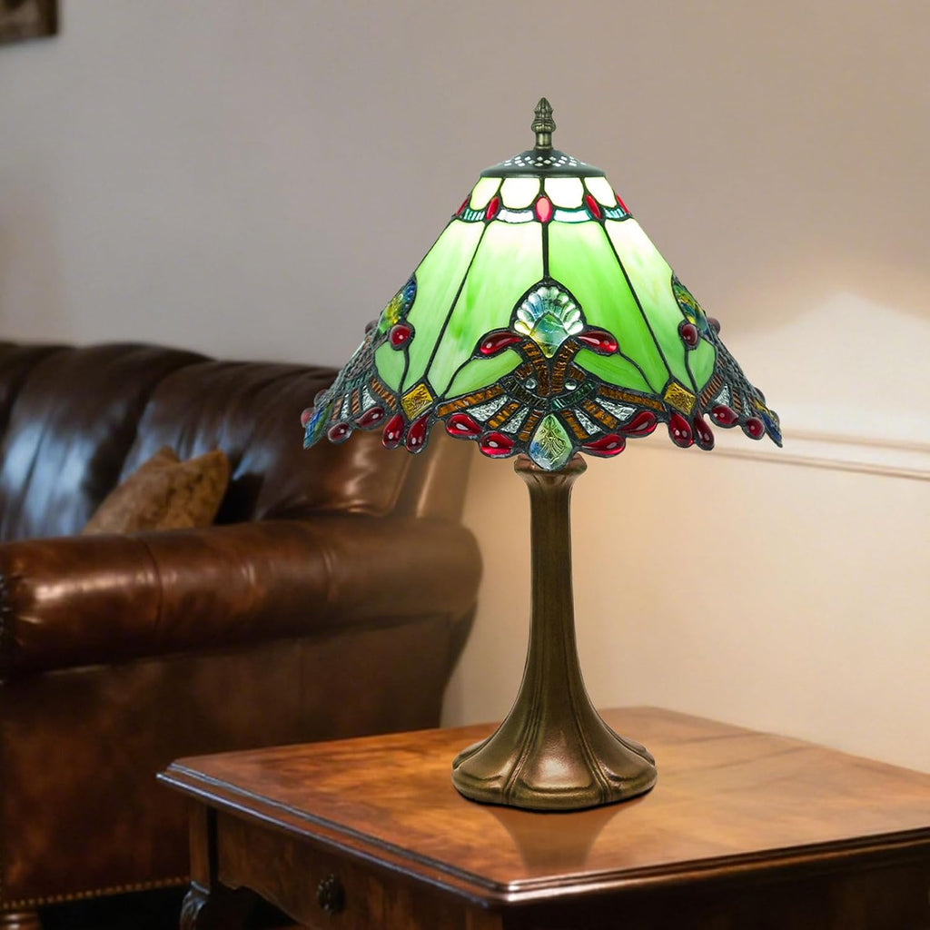 12 Inch Baroque Style Tiffany Table Lamp, Vintage Stained Glass Desk Lamp with Remote Control, 3 Color Temperature & Brightness Level for Office Home Bedroom Living (Green)