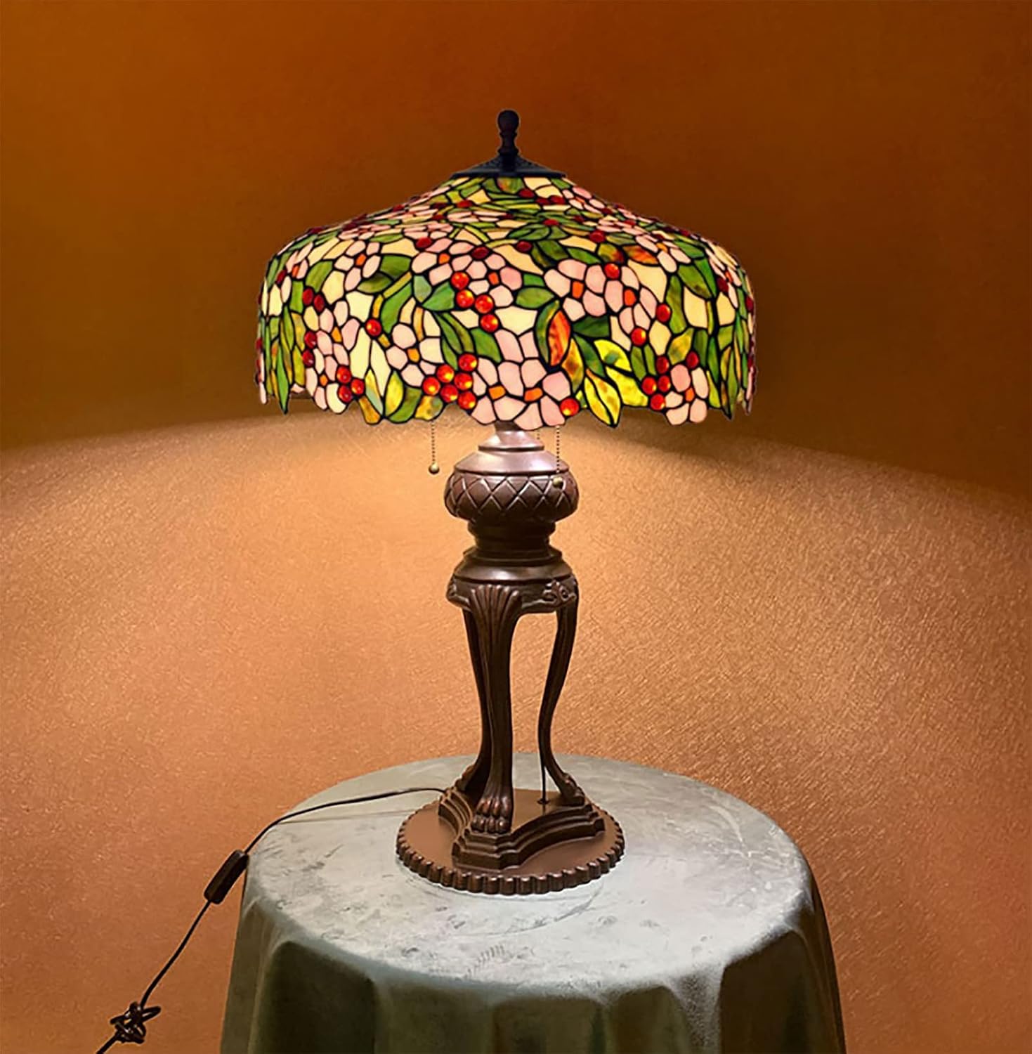 Pink Stained Glass Green Leaves Table Lamp, 20 Inch Tiffany Style Pastoral Cherry Blossom Bedroom Bedside Lamp, Living Room Office Table Decoration Lamp with Pull Cord Switch,A