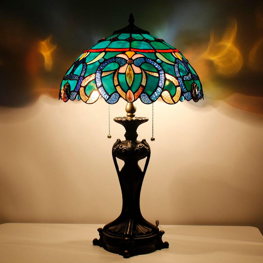 Tiffany Lamp(2 Lights) Stained Glass Table Lamp Bedside Desk Reading Light 16X16X24 Inch Decor Bedroom Living Room Home Office (Green Brown Jewelry)