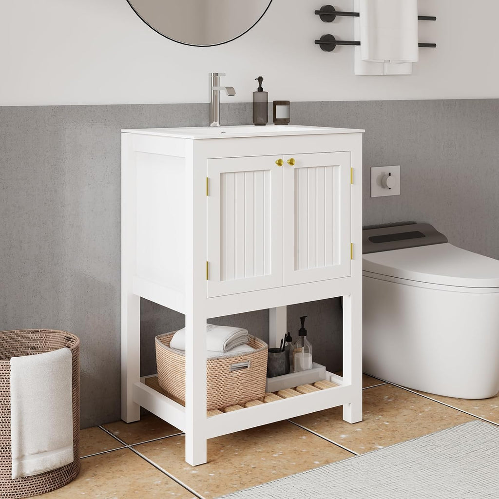 24 Inch Small Bathroom Vanity with Sink, Modern Bathroom Sink Cabinet with Open Shelf, Ceramic Basin, White