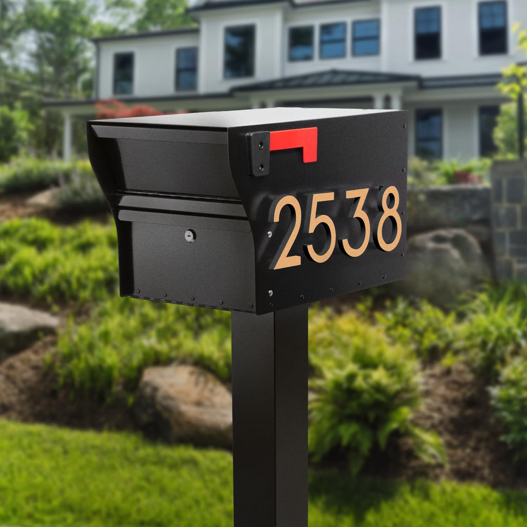 Whitehall MailVault Streetside Locking Mailbox with Standard Post and Personalizable Stand-Off Numbers – Steel, Secure Weather Resistant Modern Square Mailbox & Post (Black/Gold)