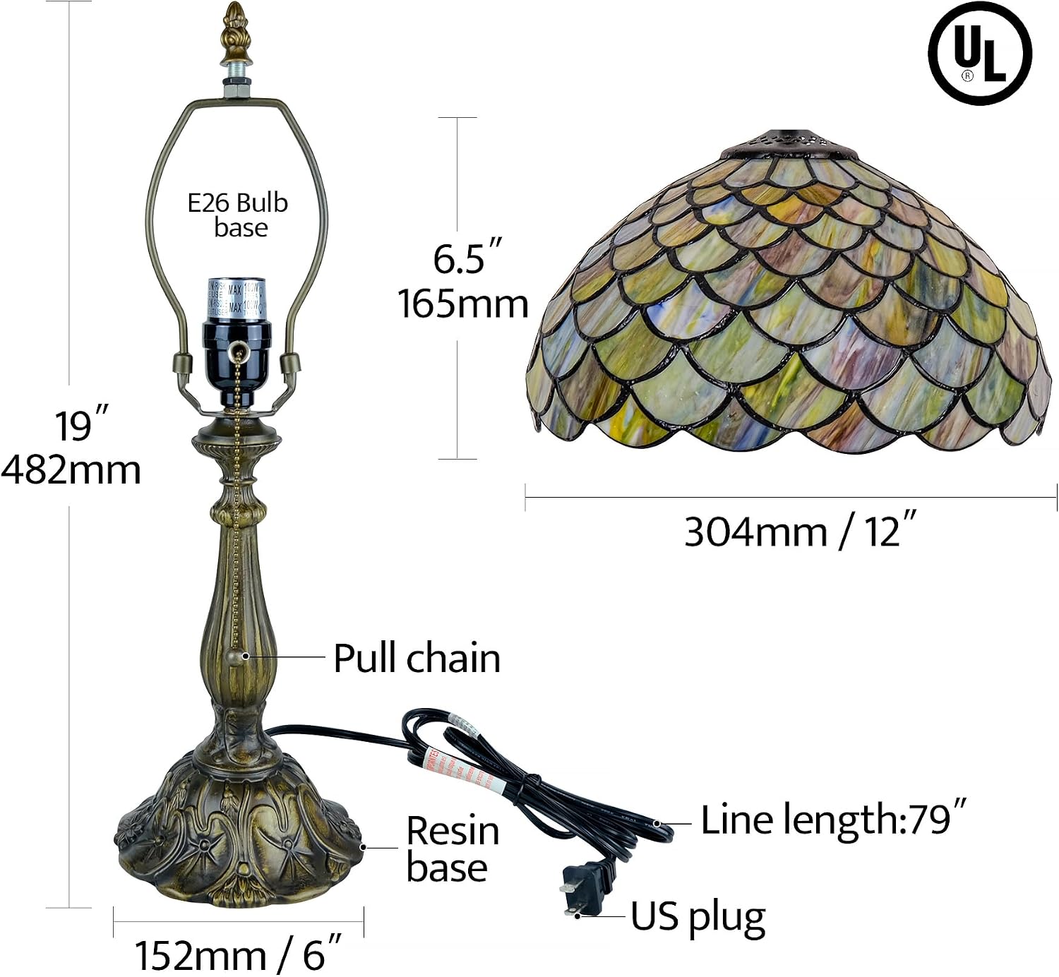 Tiffany Style Table Lamp Vintage Stained Glass Desk Lamp Mable Gradient Green Fish Scales Bedside Reading Light Decor Bedroom Living Room Home Office D12 xH18 (Green Fish Scales)