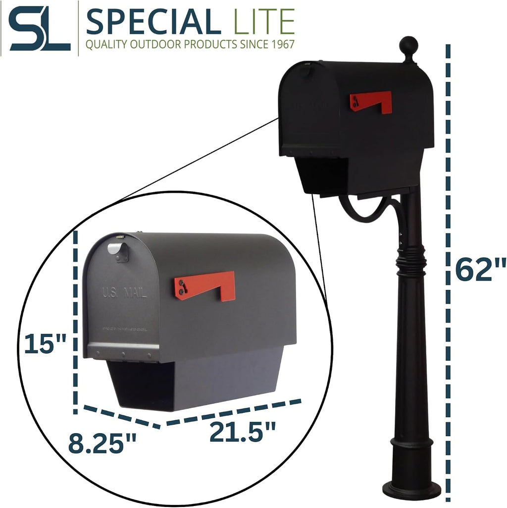 Special Lite Titan Aluminum Curbside Mailbox with Paper Tube with Ashland Post - Black Aluminum Mailbox with Post - SCH2016A-SPK600-BLK
