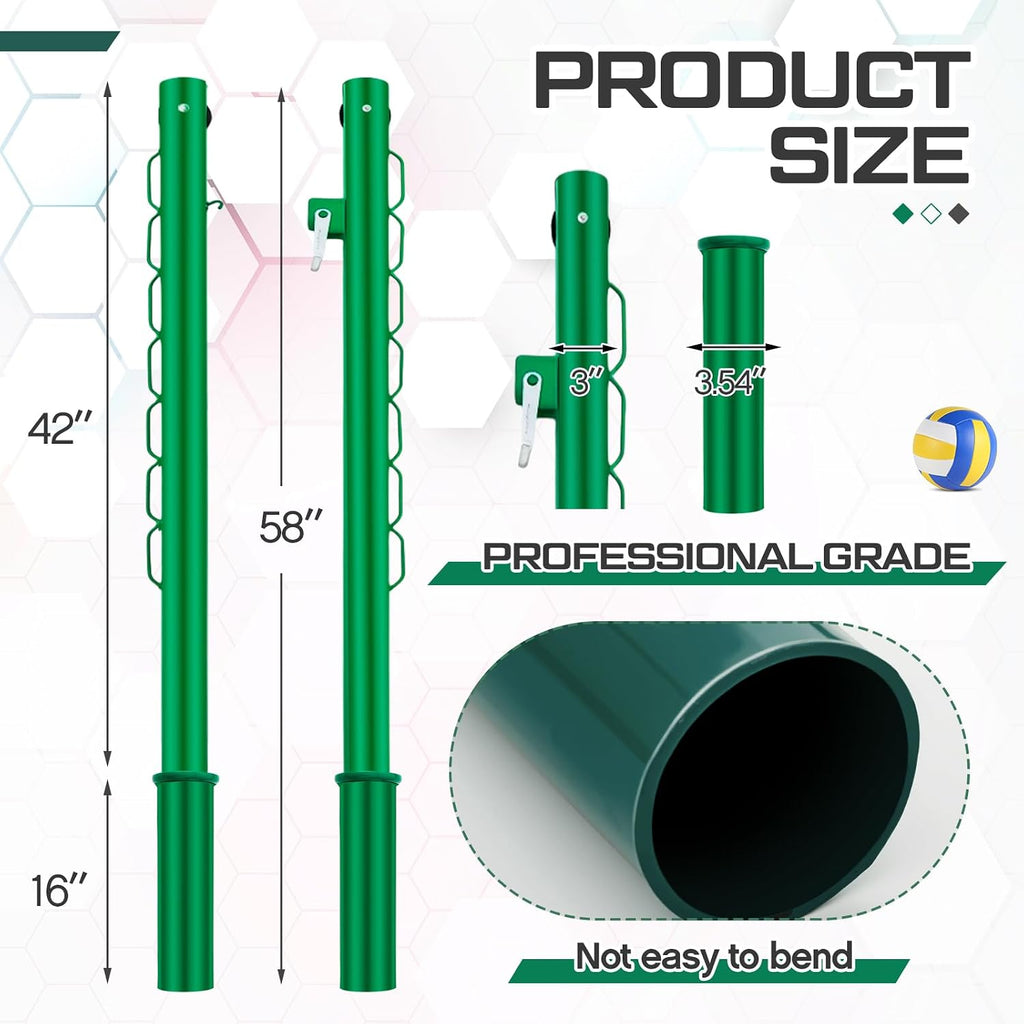 Tennis Posts with Net Crank Outdoor Heavy Duty Professional Green Tennis Permanent Court Kit for Net Quick Fixation System Equipped with a Cable Reel(Round,42 inches)
