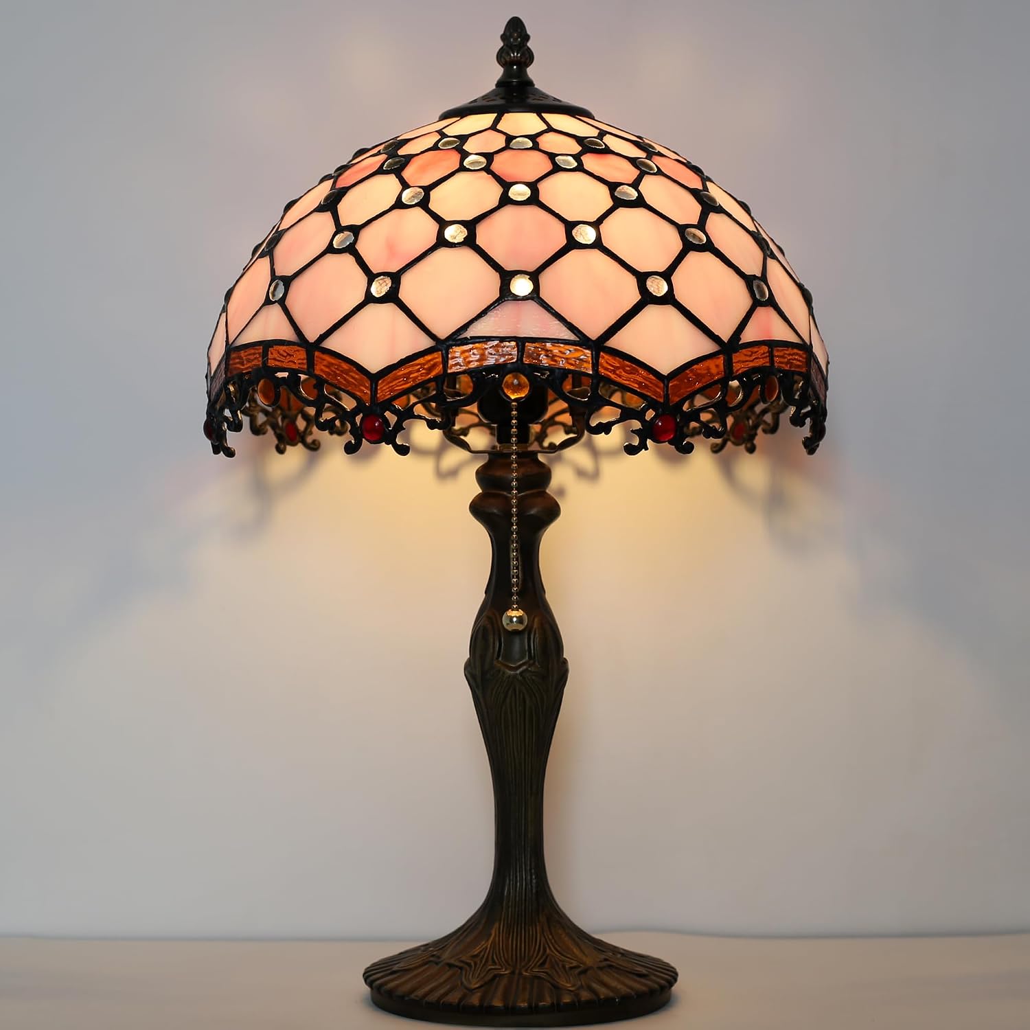 Tiffany Lamp Stained Glass Table Lamp 12 x 19' Pink Beads Style Bedside Reading Lamp Decorative Light for Desk Living Room Bedroom Office Study Light Home Decor Gift