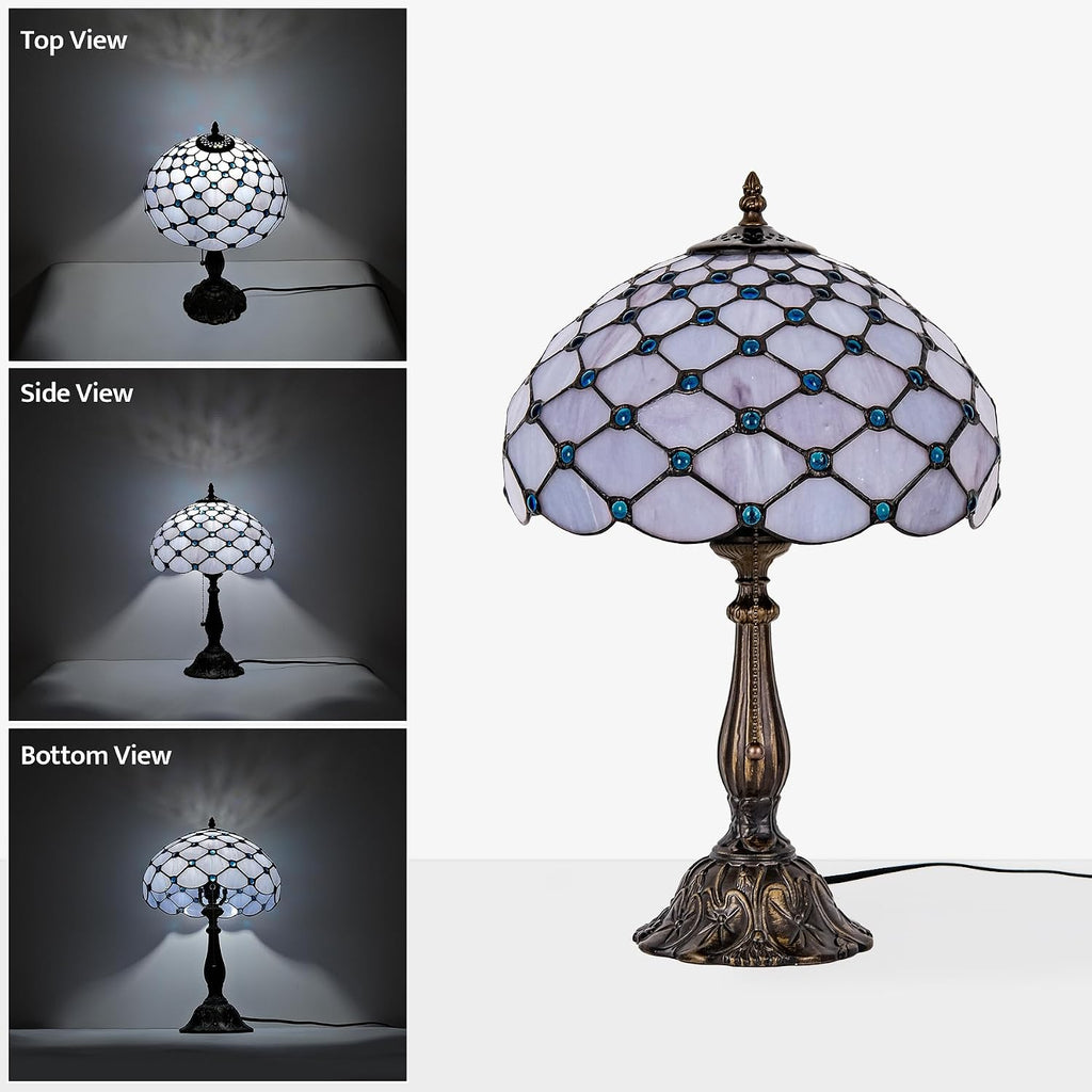 Tiffany Lamp Vintage White Grey Stained Glass Bead Table Lamp Desk Bedside Reading Light Decor Bedroom Living Room Home Office D12*H18 Inches