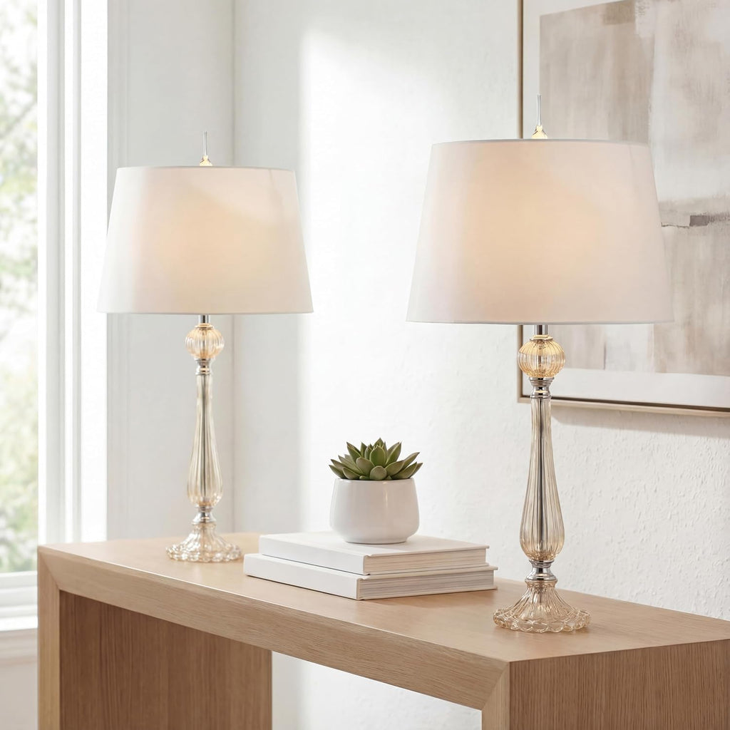 JONATHAN Y 32.5' Champagne Glass Table Lamp Set of 2 for Living Room Bedroom, Traditional French Country Bedside Lamps with White Faux Silk Shade, LED Bulbs Included JYL2067A-SET2