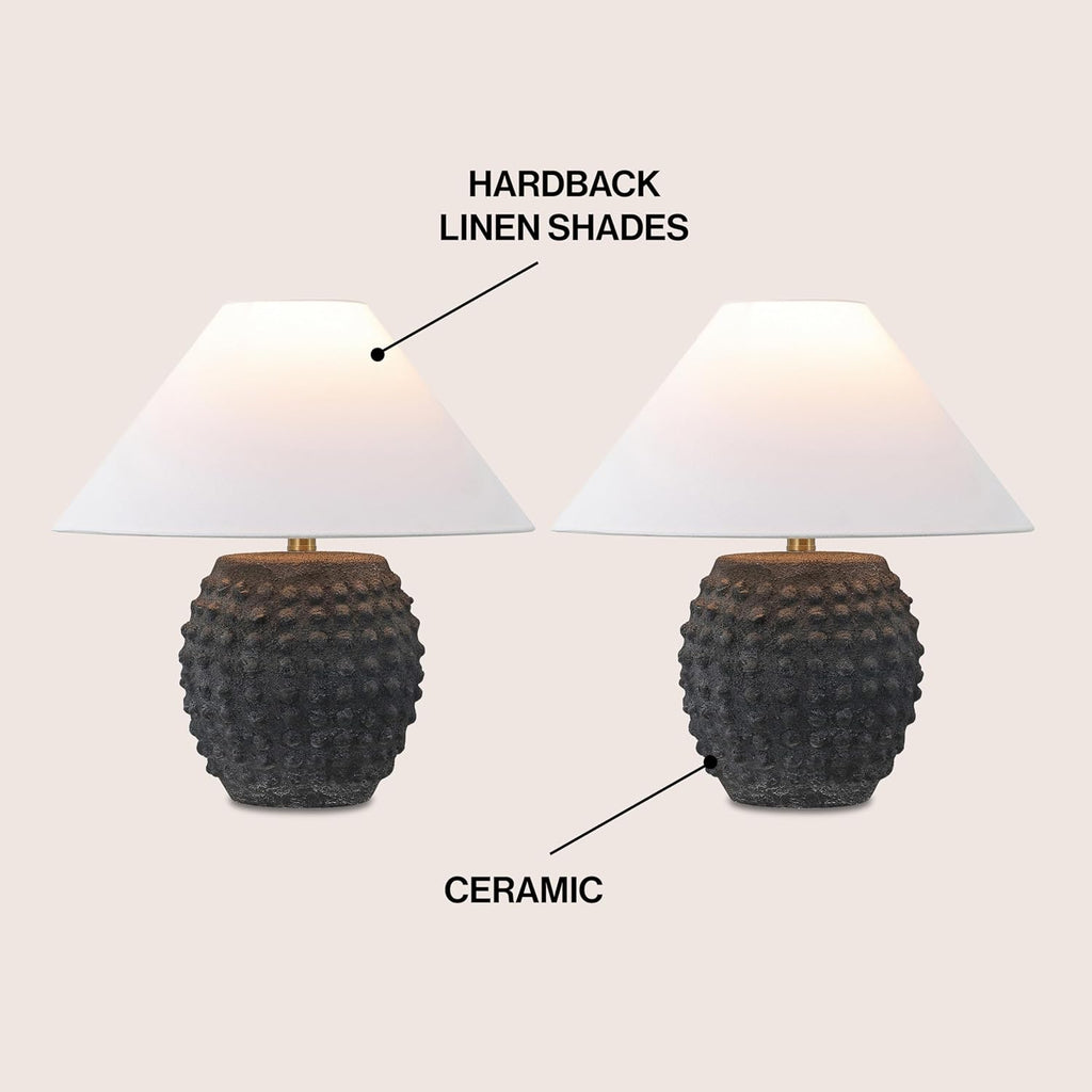 JONATHAN Y 18.25' Matte Black Ceramic Hobnail Table Lamp Set of 2 for Bedroom, Modern Minimalist Farmhouse Bedside Nightstand Lamps, White Linen Shade, LED Bulbs Included JYL5601A-SET2