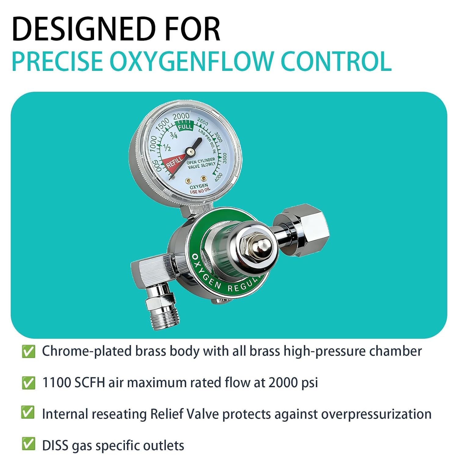 M1-540-P M1 Series Preset Pressure Oxygen Regulator for Oxygen Concentrator, Oxygen Tank Regulator Gauge with CGA540 Nut/Nipple Inlet, 3000 PSI, O2 Oxy Regulator Chrome Brass Body