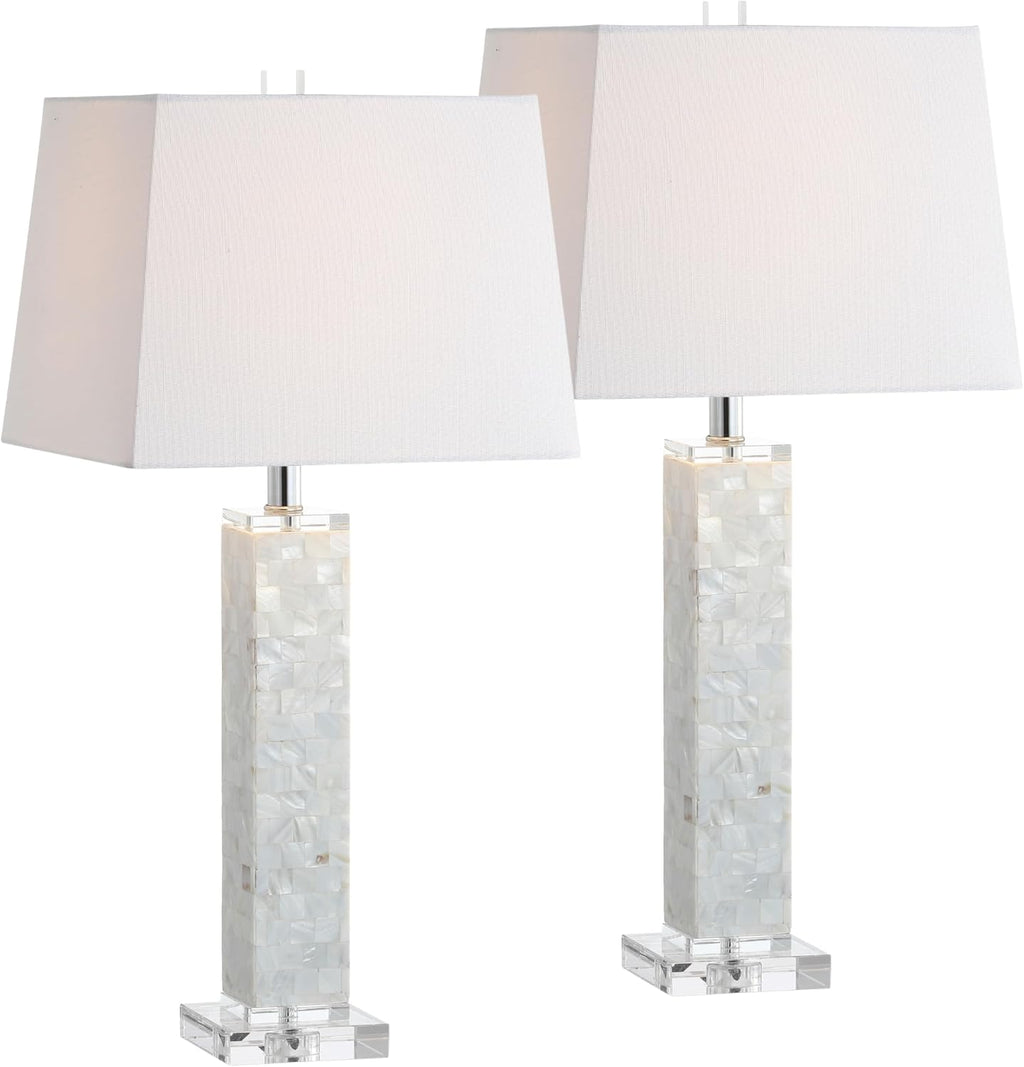 JONATHAN Y 28.5' White Mother-of-Pearl Seashell LED Table Lamp Set of 2, Coastal Contemporary Mosaic Pillar for Living Room, Crystal Base, White Linen Shade, LED Bulbs Included JYL1053A-SET2