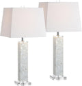 JONATHAN Y 28.5' White Mother-of-Pearl Seashell LED Table Lamp Set of 2, Coastal Contemporary Mosaic Pillar for Living Room, Crystal Base, White Linen Shade, LED Bulbs Included JYL1053A-SET2