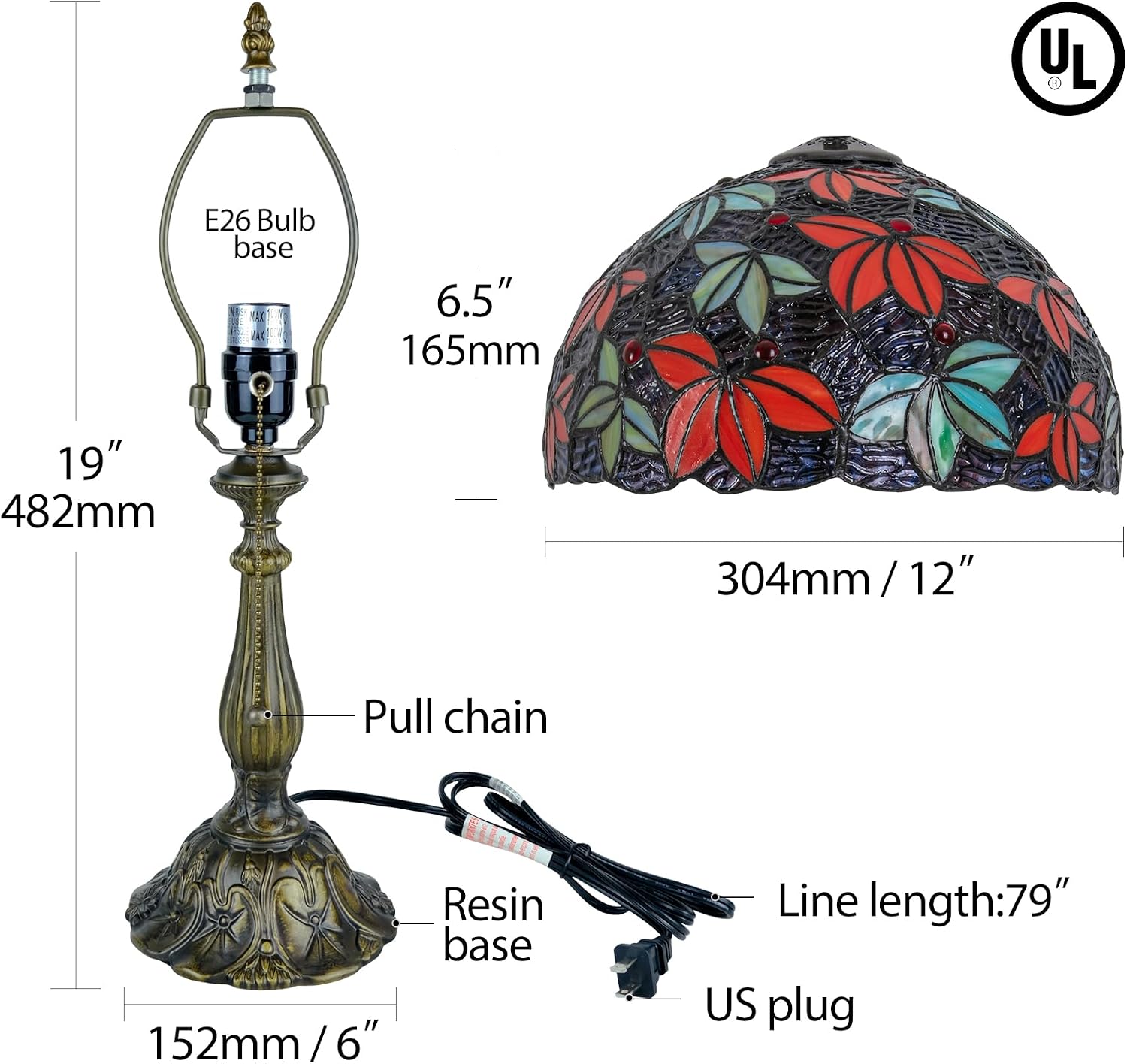 Tiffany Style Table Lamp, 12 Inch Stained Glass Bedside with Red Green Maple Leaf Design Vintage Handcrafted Nightstand Lamp for Reading Living Room Bedroom Office