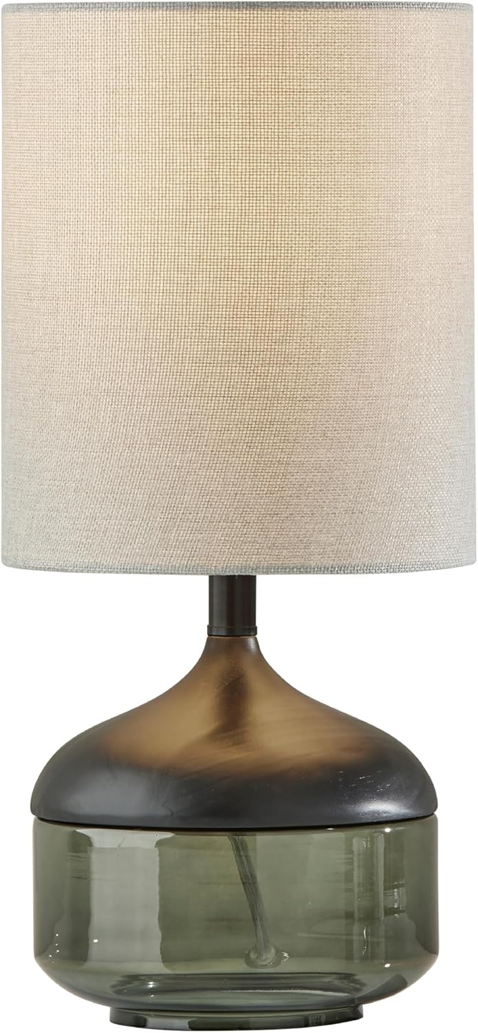 Adesso Table Lamp with Smoked Glass, Black Wood Base and Grey Fabric Lampshade – Bedside Table, Home Office Lighting or Living Room Decor, 16.25' x 7.5'