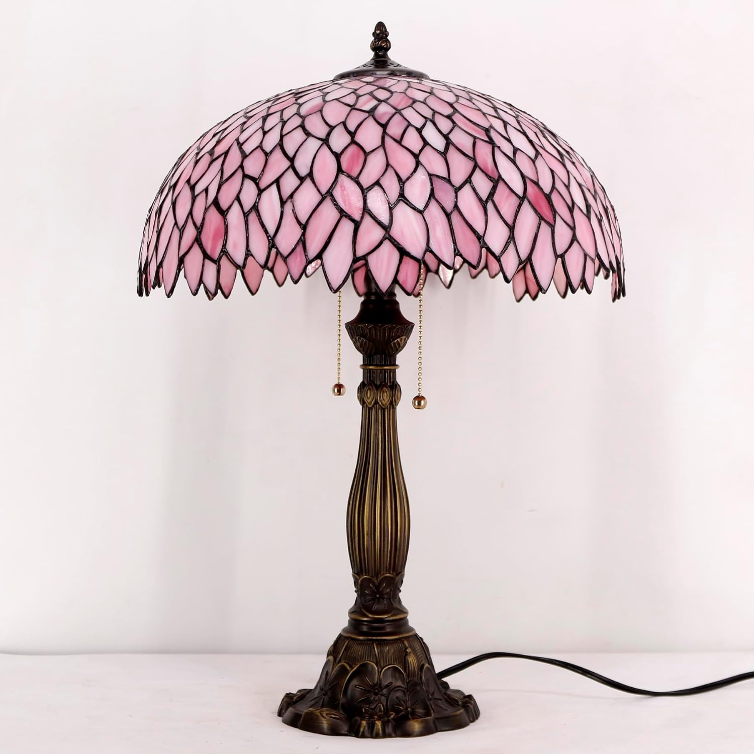WERFACTORY Tiffany Lamp Stained Glass Style Bedside Table Lamp Pink Wisteria Desk Reading Light Resin Base 16X16X24 Inches Decor Bedroom Living Room Home Office S523P Series