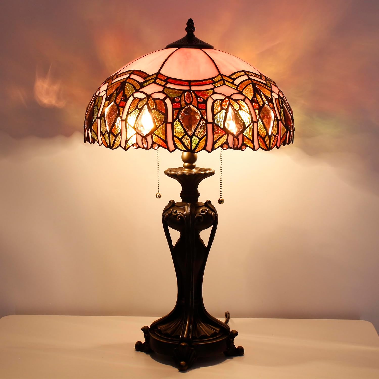 Tiffany Lamp(2 Lights) Stained Glass Table Lamp Bedside Desk Reading Light 16X16X24 Inch Decor Bedroom Living Room Home Office (Pink Jewelry)