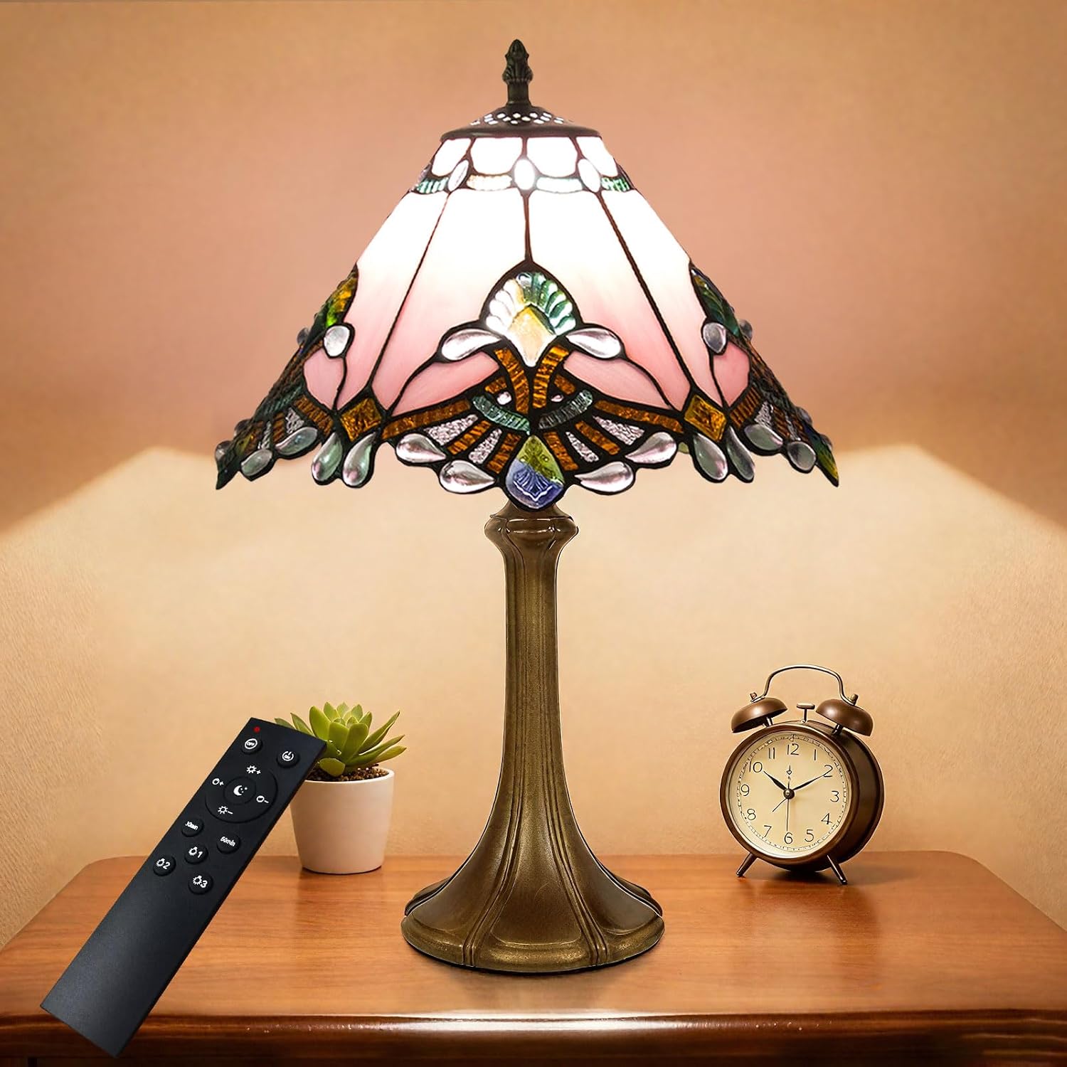 12 Inch Baroque Style Tiffany Table Lamp, Vintage Stained Glass Desk Lamp with Remote Control, 3 Color Temperature & Brightness Level for Office Home Bedroom Living (Pink)