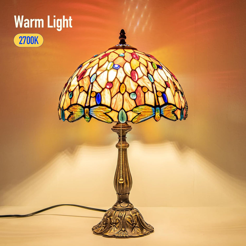 Tiffany Style Table Lamp Vintage Dragonfly Stained Glass Desk Lamp for Bedside Reading Bedroom Living Room Entry Home Office D12 xH18