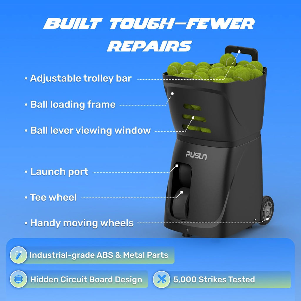 PUSUN｜PT-Smart Tennis Ball Machine: App Control with 12 Built-in Training Modes,6-Level Spin,28-Pt,75 MPH,32.6 lbs,100+ Ball,5H Battery, Portable, for Tennis/Padel,Training, Practice,Beginners to Pros