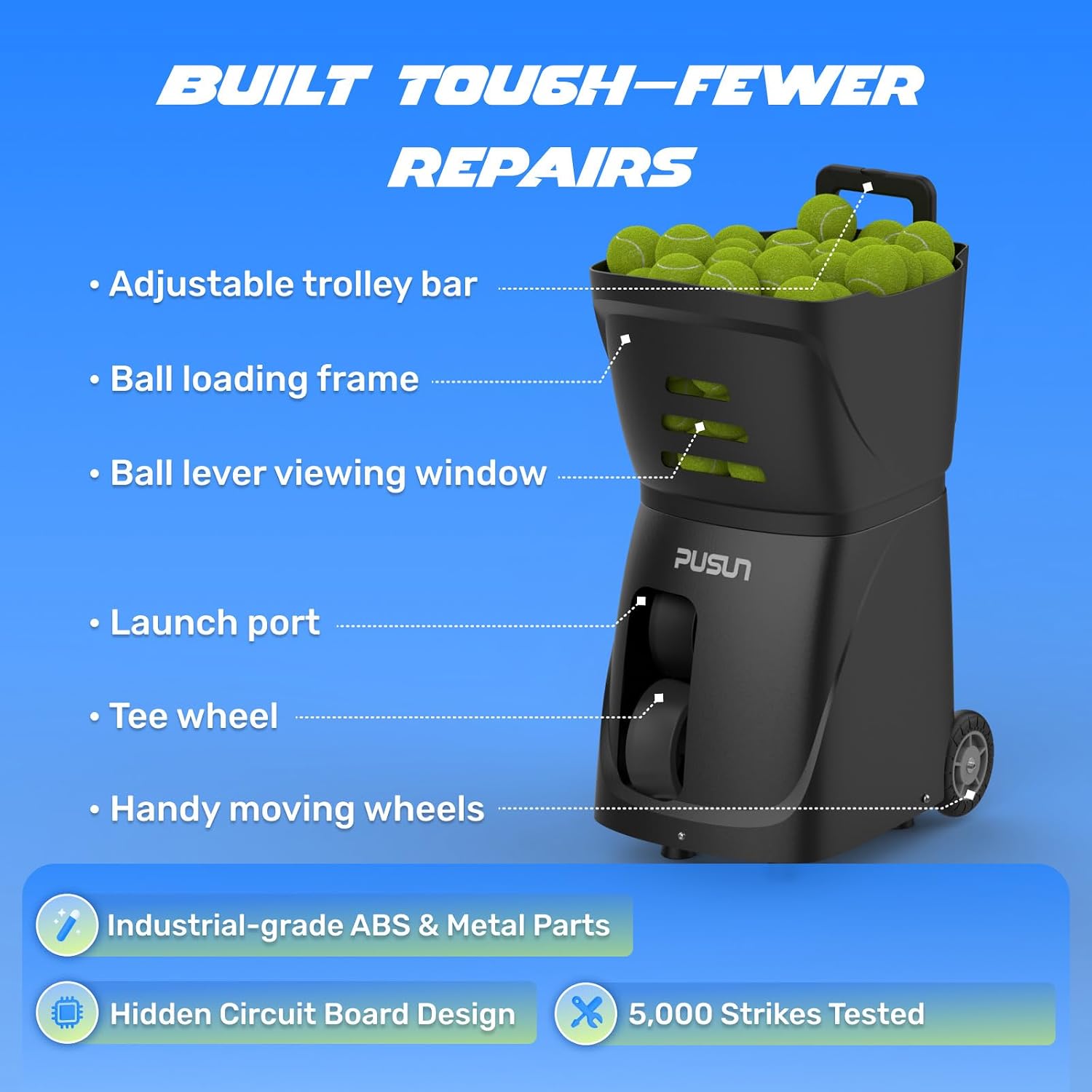 PUSUN｜PT-Smart Tennis Ball Machine: App Control with 12 Built-in Training Modes,6-Level Spin,28-Pt,75 MPH,32.6 lbs,100+ Ball,5H Battery, Portable, for Tennis/Padel,Training, Practice,Beginners to Pros