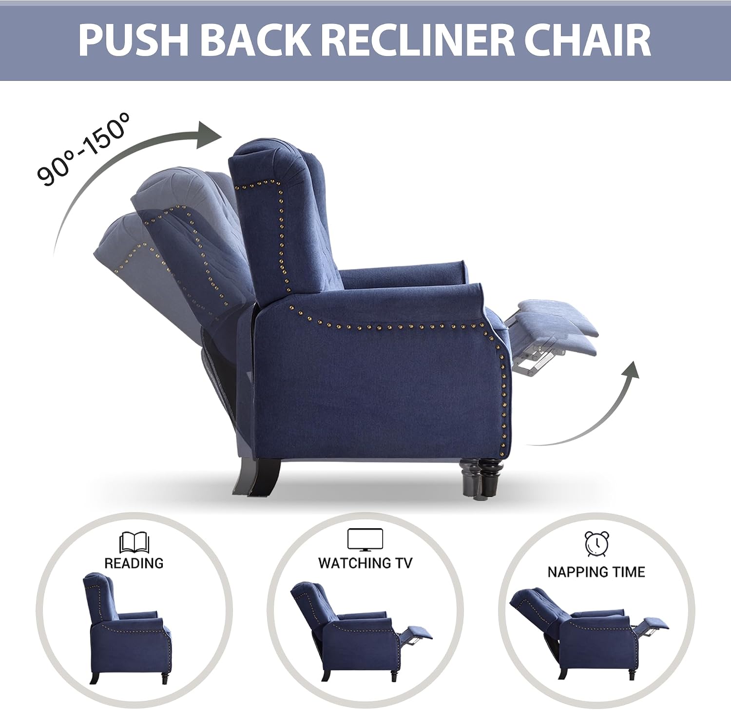 Bonzy Home Wingback Pushback Recliner Chair, High Back Upholstered Armchair with Solid Wood Legs, Rivet Decoration, Blue