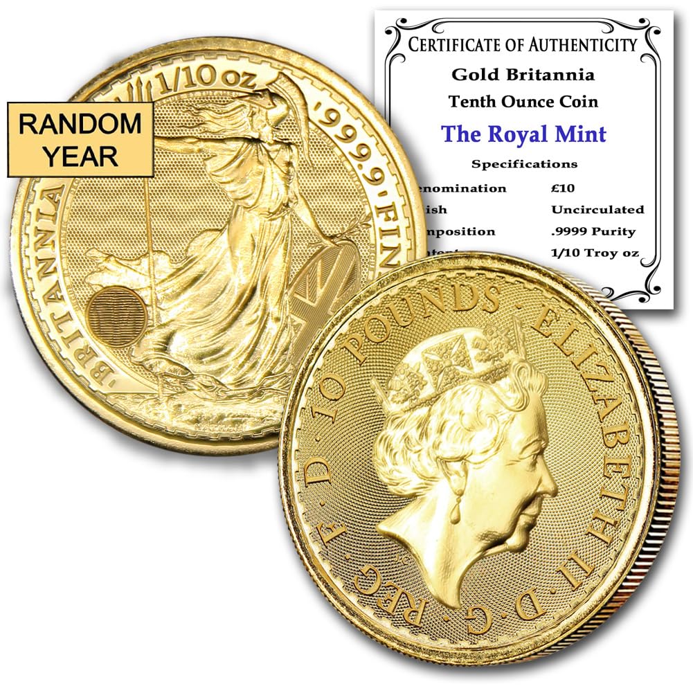 1987 - Present (Random Year) 1/10 oz British Gold Britannia Coin by the Royal Mint Brilliant Uncirculated with Certificate of Authenticity £10 BU