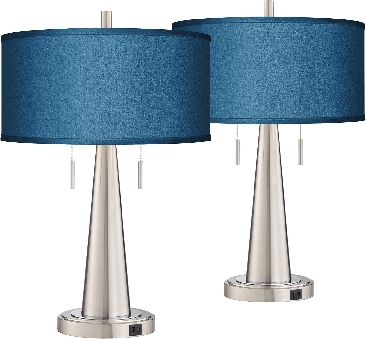 Possini Euro Design Vicki Modern Accent Table Lamps 23' High Set of 2 with USB Charging Port Brushed Nickel Blue Faux Silk Drum Shade for Living Room Desk Bedroom House Bedside Nightstand Home