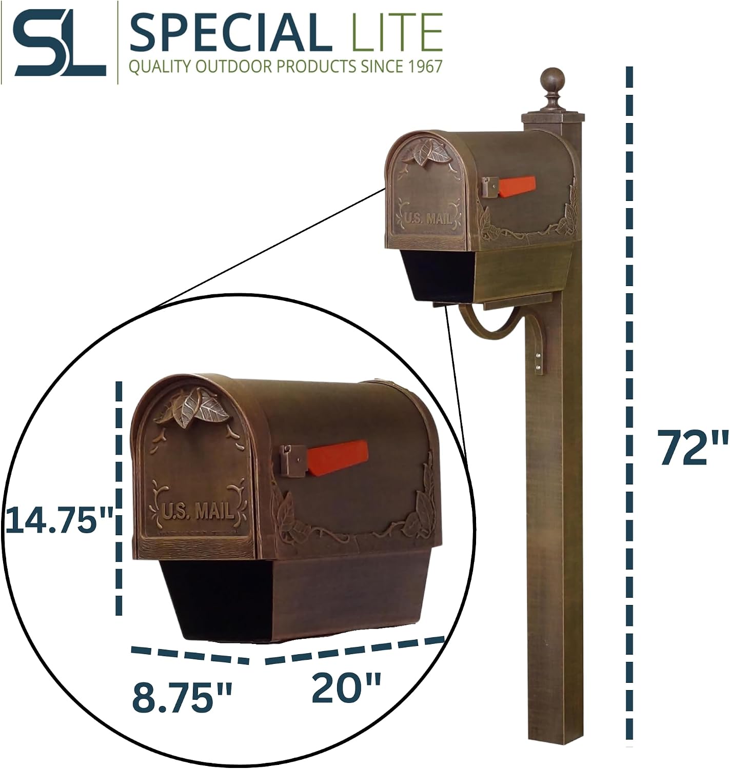 Special Lite Floral Curbside Mailbox with Paper Tube with Springfield Post - Copper Aluminum Mailbox with Post - SCF2003-SPK710-CP