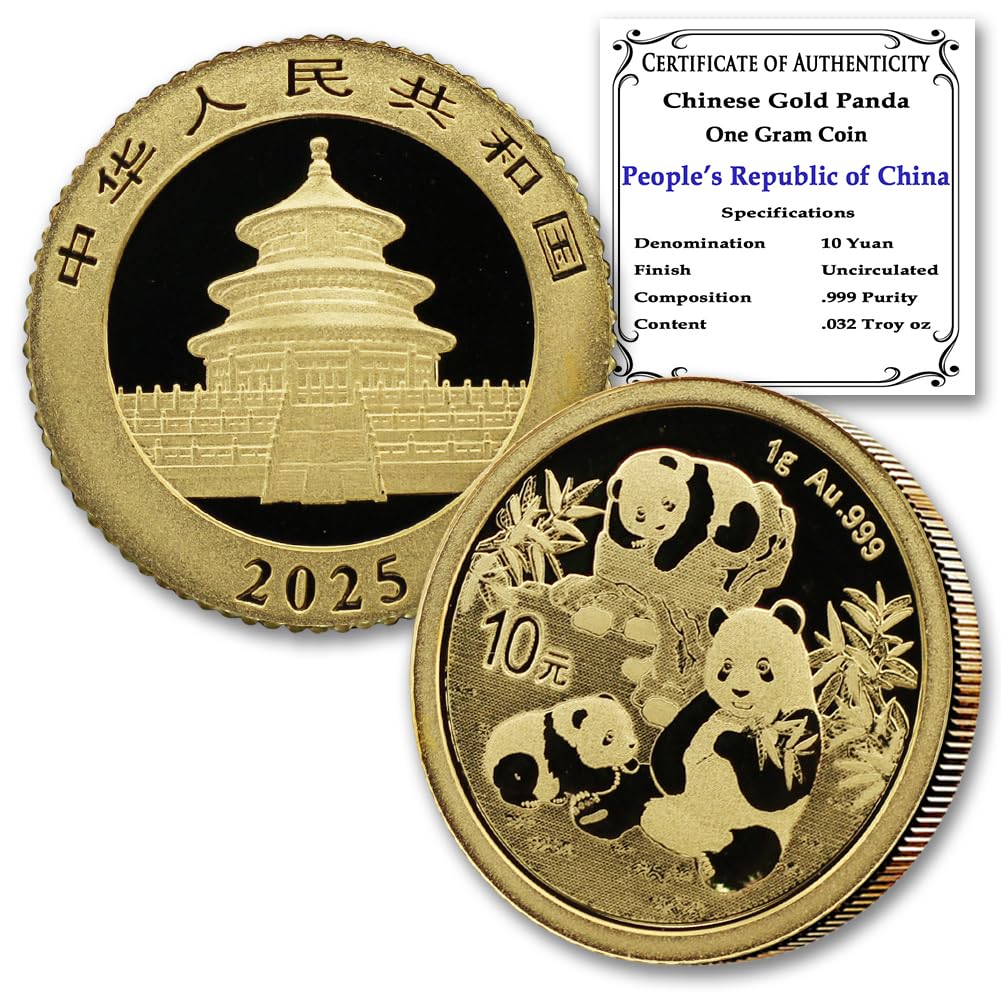 2025 1 Gram Gold Chinese Panda Coin Brilliant Uncirculated with Certificate of Authenticity 10 Yuan ¥10 BU