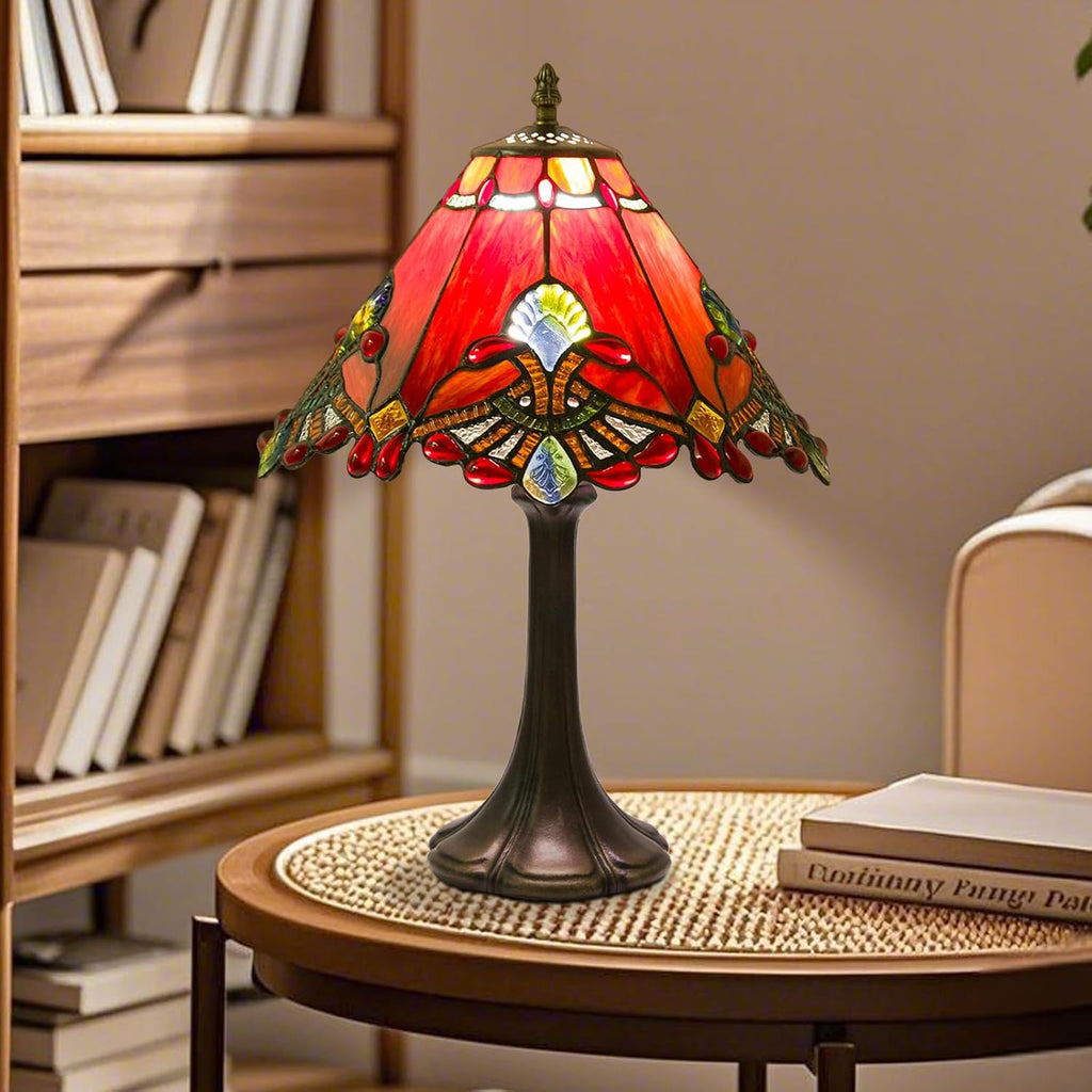 JHuiLap 12 Inch Tiffany Style Table Lamp, Baroque Stained Glass Lamp with Remote Control, Stepless Dimmable & 3 Color Temperatures, Desk Lamps for Bedroom Farmhouse Bedside Nightstand Bedside (Red)