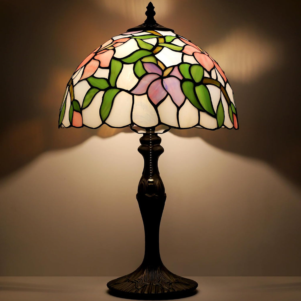 Tiffany Lamp Stained Glass Table Lamp Bedside Reading Lamp 12 x 19' Pink Flower Style Decorative Lamp for Desk Study Living Room Bedroom Office Decor Gift