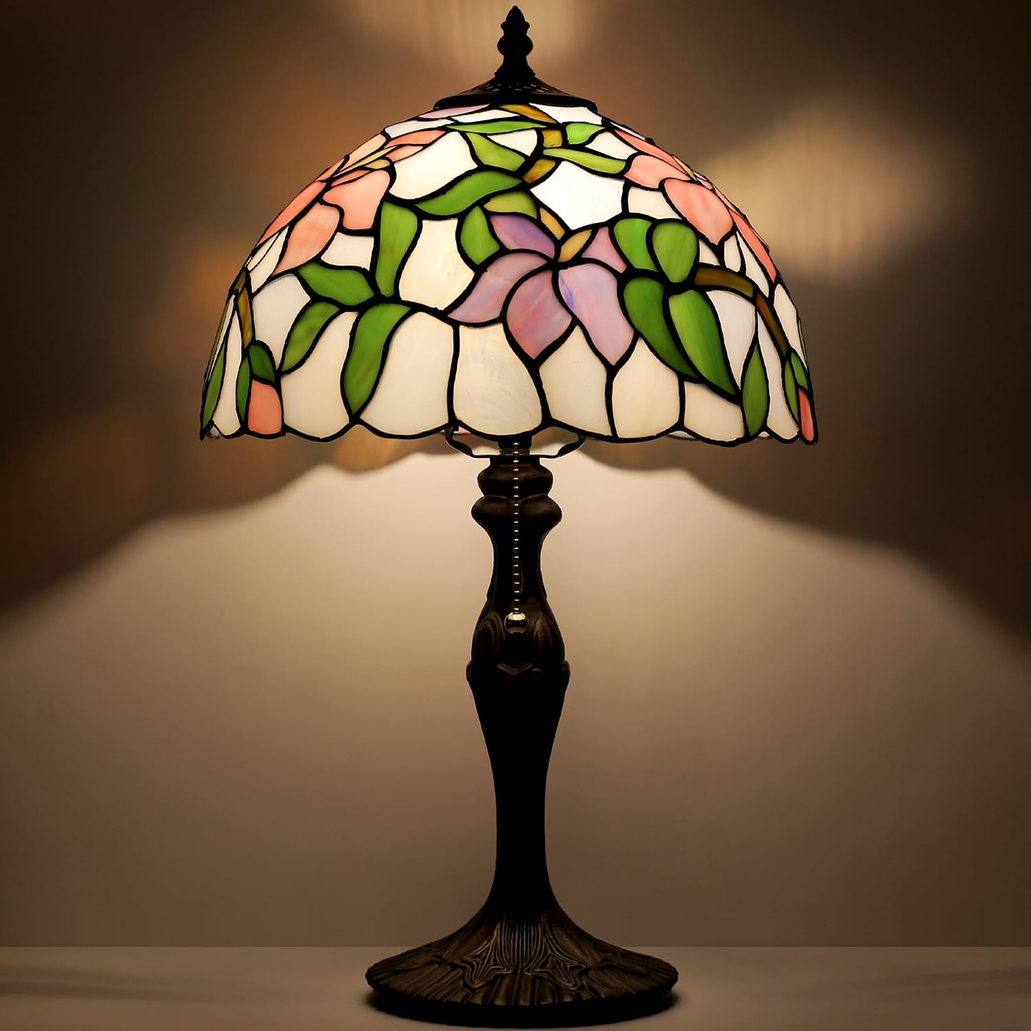 Tiffany Lamp Stained Glass Table Lamp Bedside Reading Lamp 12 x 19' Pink Flower Style Decorative Lamp for Desk Study Living Room Bedroom Office Decor Gift